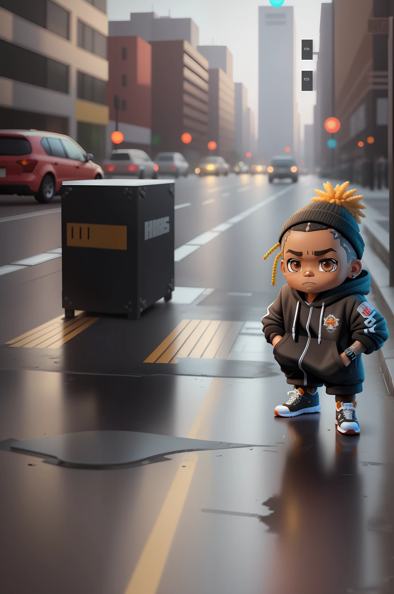 Create a 12K resolution of a 3D [gritty Hip Hop] chibi style character in detailed full body, highly detailed, vibrant, ultra high quality, Hyperrealism, Photorealism, [octane render]