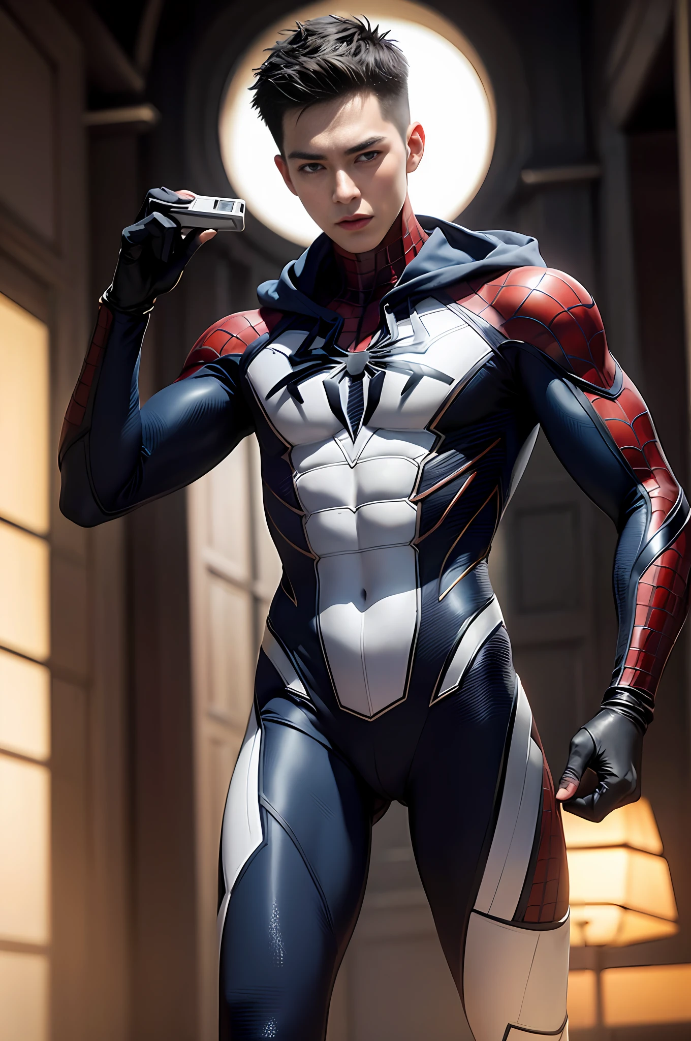RAW，1boy， (A charming 18-year-old Chinese boy: 1.5), (no mask, face: 2), (no top, abs: 2) handsome, Spider-Man classic pose, shooting spider silk, masterpiece, super fine photo, best quality, super high resolution, photorealistic realism, sunny handsome, full body portrait, delicate face, vibrant eyes, he wears futuristic steel man Spider-Man costume, very detailed background, detailed face, detailed complex busy background, highly detailed skin, realistic skin details, visible pores, sharp focus, volumetric fog, 8k  UHD, DSLR, high quality, film grain, photorealism, wheat-colored skin, (lower body bulge: 1.5), abs, broad shoulders and narrow waist, perfectly proportioned body, model