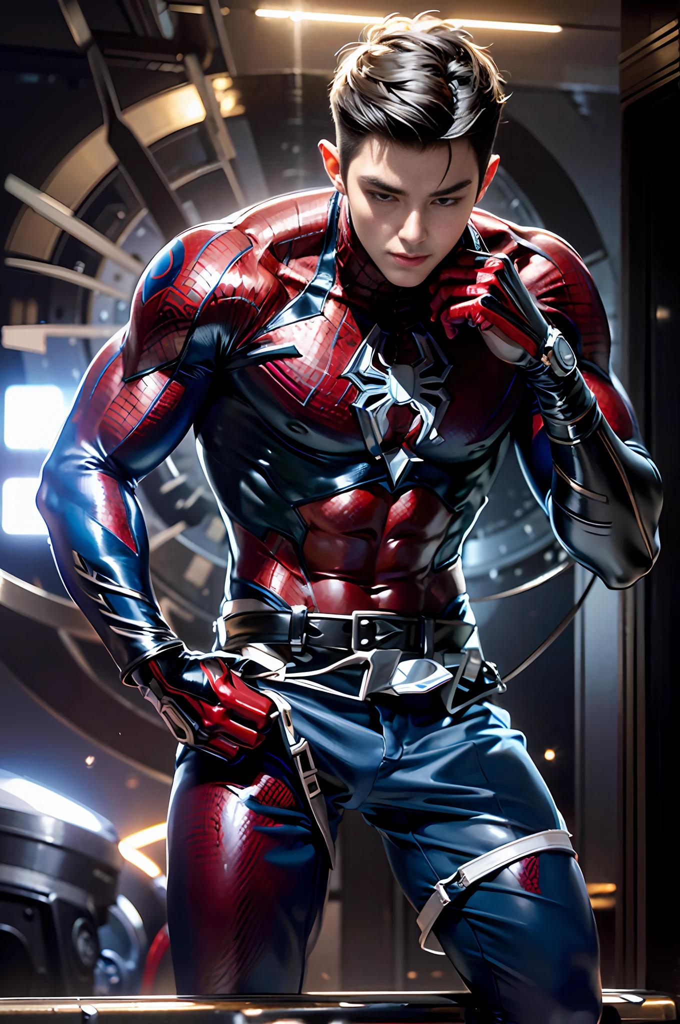 RAW，1boy， (A charming 18-year-old Chinese boy: 1.5), (no mask, face: 2), (no top, abs: 2) handsome, Spider-Man classic pose, shooting spider silk, masterpiece, super fine photo, best quality, super high resolution, photorealistic realism, sunny handsome, full body portrait, delicate face, vibrant eyes, he wears futuristic steel man Spider-Man costume, very detailed background, detailed face, detailed complex busy background, highly detailed skin, realistic skin details, visible pores, sharp focus, volumetric fog, 8k  UHD, DSLR, high quality, film grain, photorealism, wheat-colored skin, (lower body bulge: 1.5), abs, broad shoulders and narrow waist, perfectly proportioned body, model