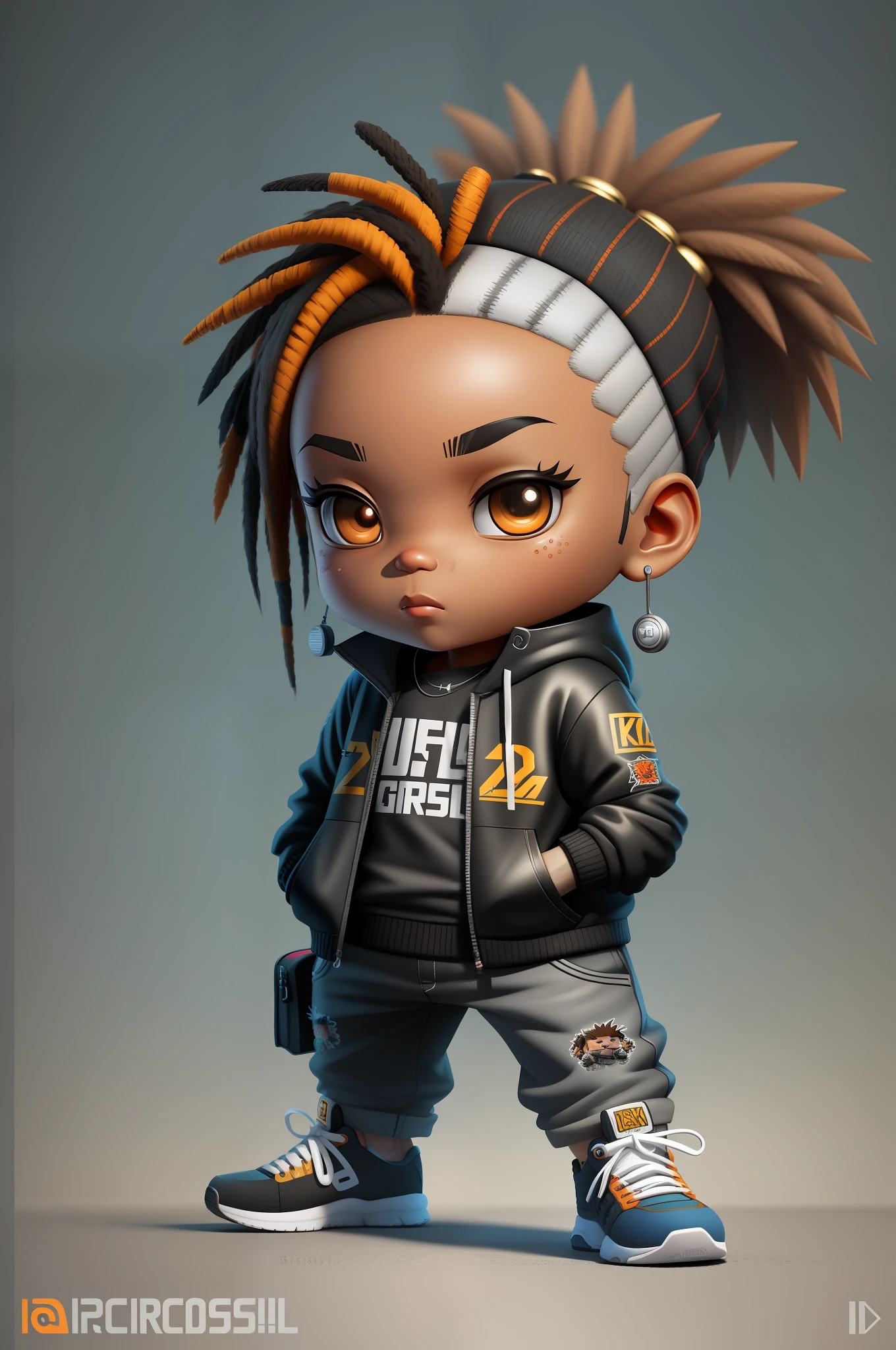 Create a 12K resolution of a 3D [gritty Hip Hop] chibi style character in detailed full body, highly detailed, vibrant, ultra high quality, Hyperrealism, Photorealism, [octane render]