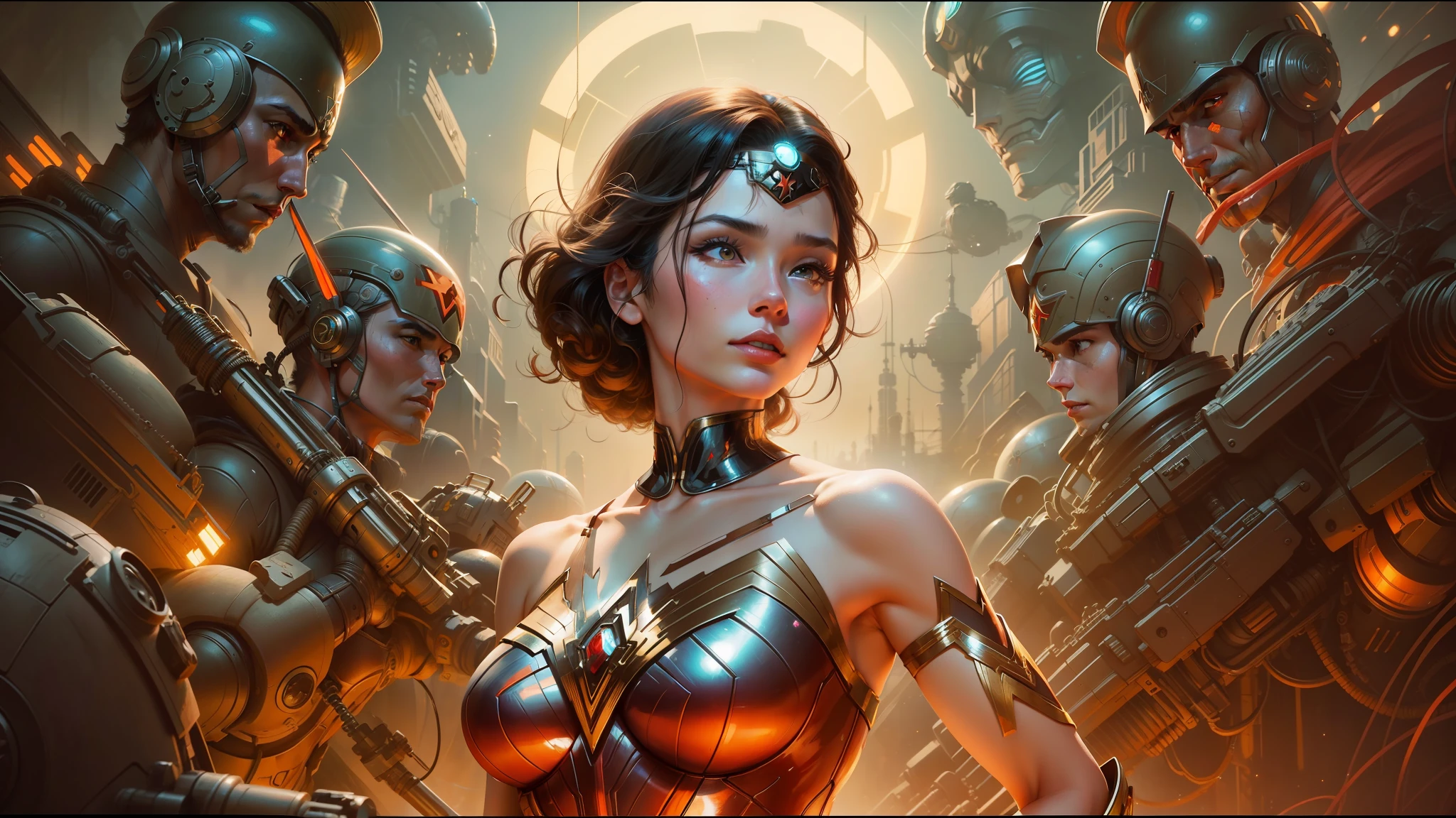 a close up of a woman in a costume with a bunch of aliens, james jean soft light 4 k, wlop : :, art-deco style, portrait of wonder woman, inspired by Noriyoshi Ohrai, trending on artstaion, mechanized soldier girl, sci - fi : : --auto --s2