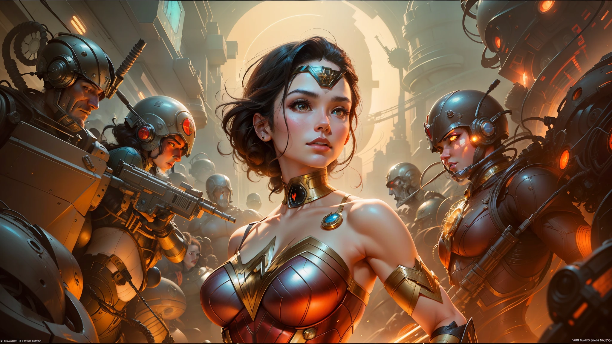 a close up of a woman in a costume with a bunch of aliens, james jean soft light 4 k, wlop : :, art-deco style, portrait of wonder woman, inspired by Noriyoshi Ohrai, trending on artstaion, mechanized soldier girl, sci - fi : : --auto --s2