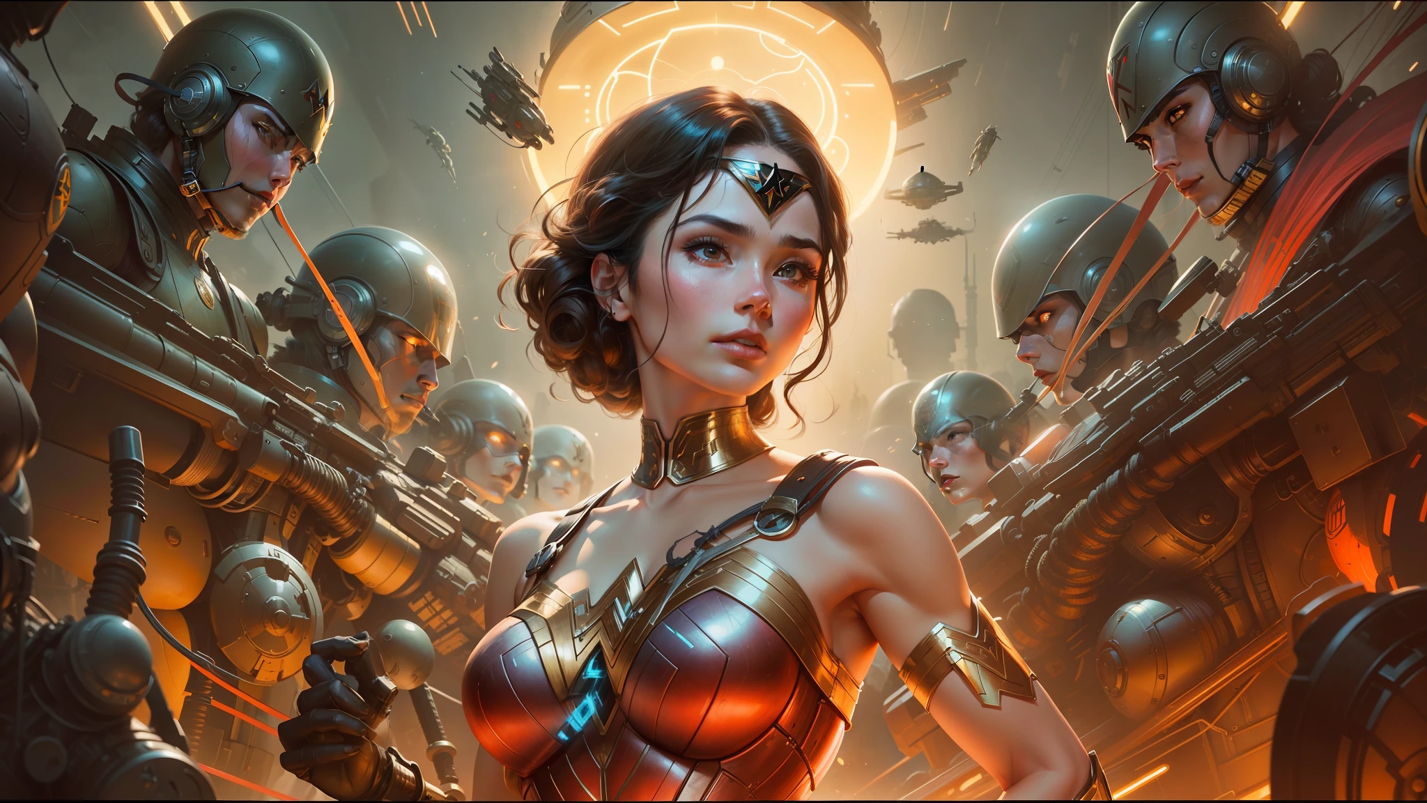 a close up of a woman in a costume with a bunch of aliens, james jean soft light 4 k, wlop : :, art-deco style, portrait of wonder woman, inspired by Noriyoshi Ohrai, trending on artstaion, mechanized soldier girl, sci - fi : : --auto --s2