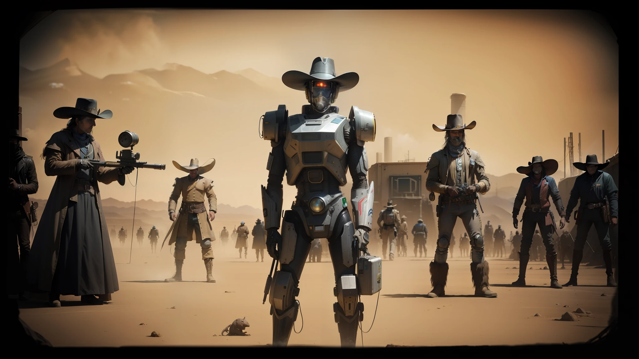 there are many people dressed up in costumes and hats, cyberpunk wild west, historic photo, robot, gray men, argos, the desert, cinematic realistic photo, the watchers, bossfight, awarded photograph, historical picture --auto --s2