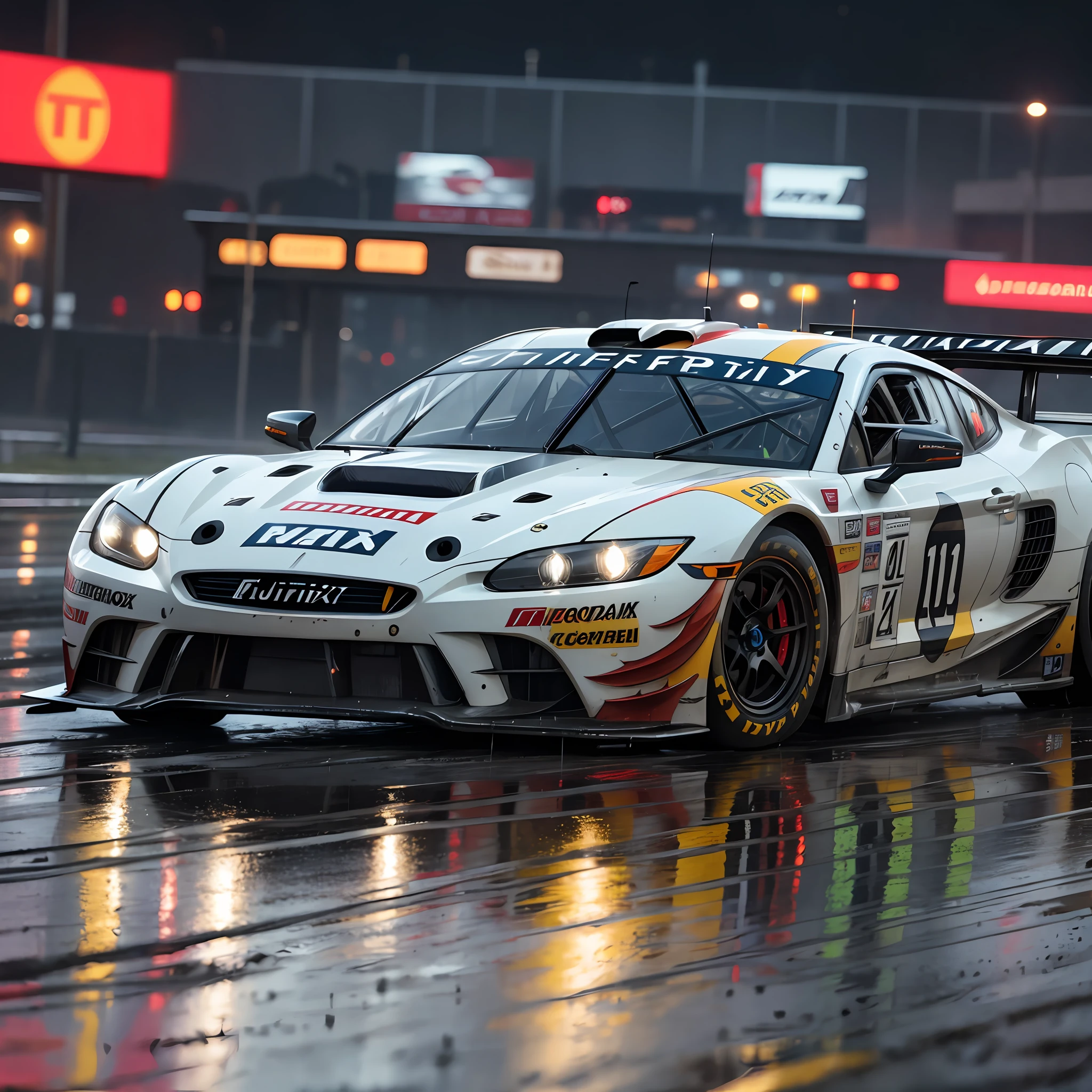 Race car in a city with detailed wet track, reflection, cinematic light, 8k, UHD, severe low lighting, RTX, cinematic, high quality, sharp focus, Fujifilm XT3, Greg Rutkowski --auto --s2