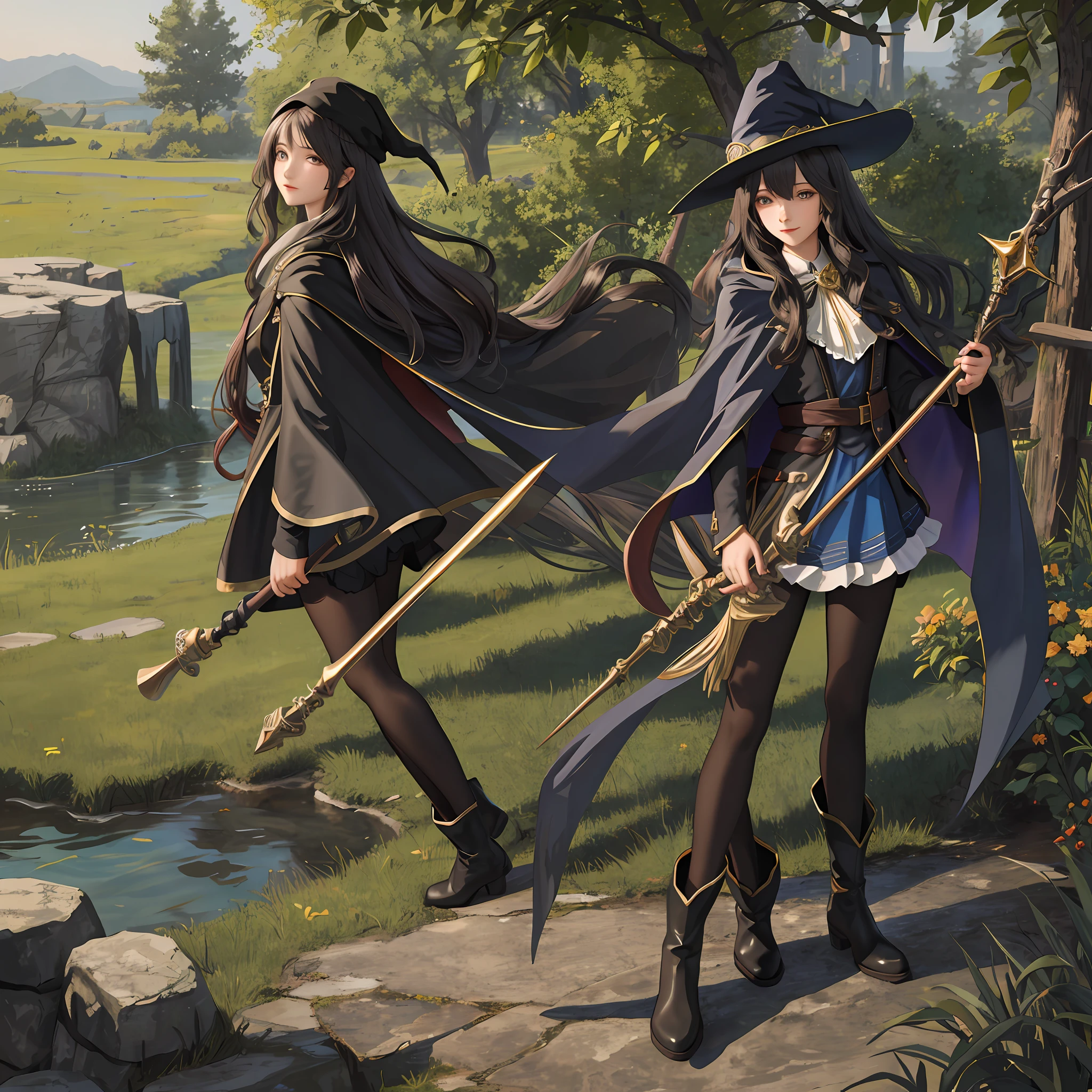 masterpiece, best quality, looking at viewer, wavy hair, fringe, long hair, fantasy, wizard, outdoors, staff, cape, hat, black_pantyhose, boots,
medium skirt,
