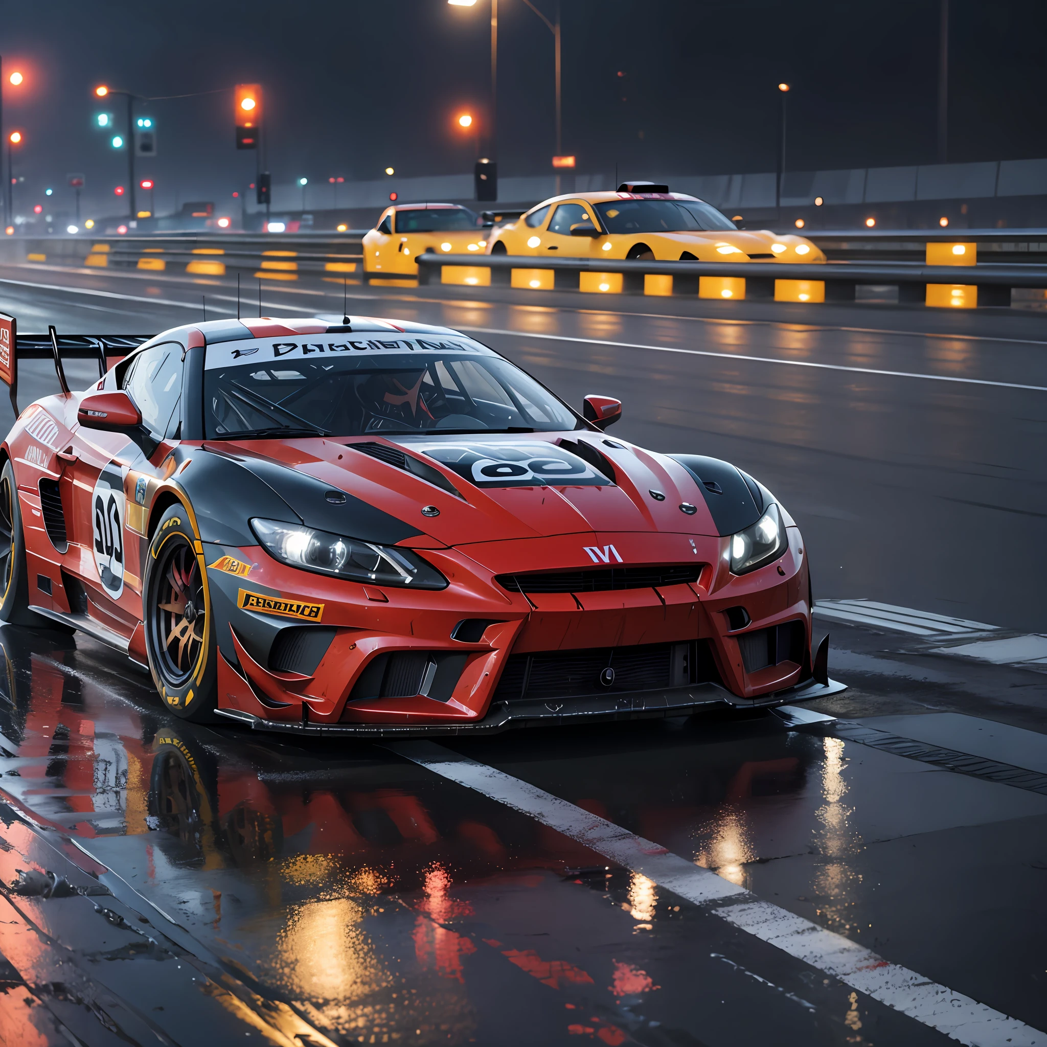 Race car in a city with detailed wet track, reflection, cinematic light, 8k, UHD, severe low lighting, RTX, cinematic, high quality, sharp focus, Fujifilm XT3, Greg Rutkowski --auto --s2