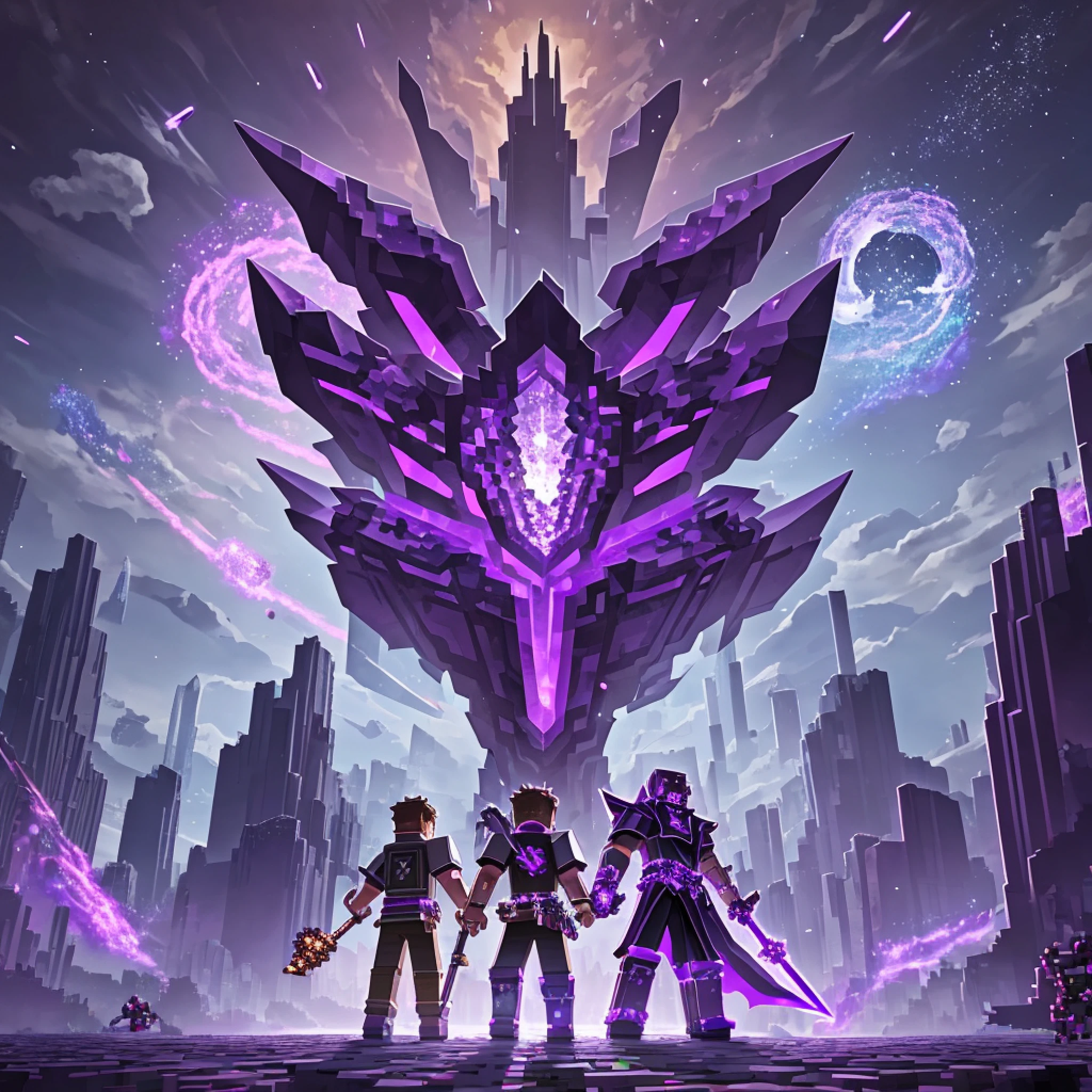 Detailed Minecraft-themed illustration of two boys fighting the ender dragon with diamond swords in the End dimension, surrounded by towering obsidian pillars, bright purple end crystals, and magical particles swirling in the air, night time, dark