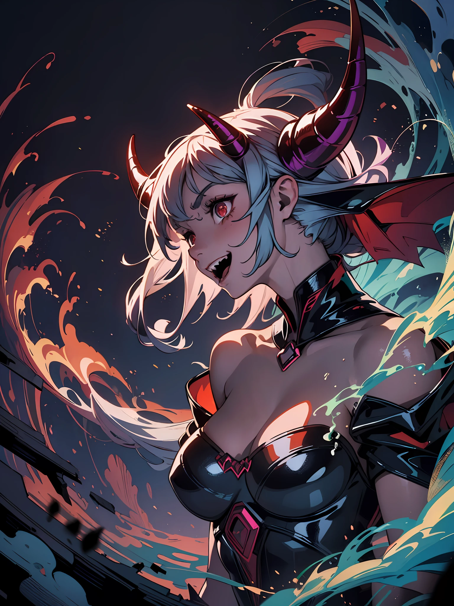 Masterpiece, ultra detailed, best quality, illustration, cinematic lights, dynamic angle, dark ,dark ambient , no humans , demon , laughing , portal from hell in background , full body , horns , fire demon , devil