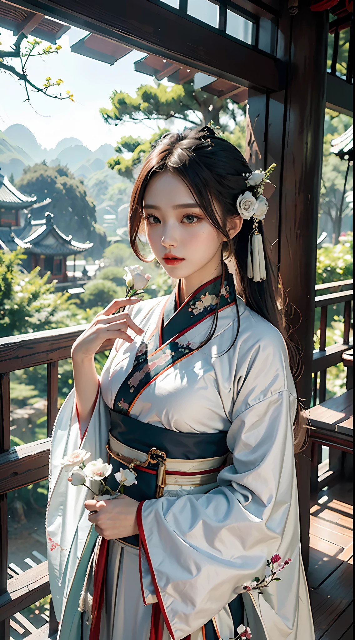 , dynamic, super detail, 8k detail post-processing, magnificent, surrealism, 8k, epic composition, intricate details, hair color random, (((Chinese white hanfu)), early morning, forest, tree house, vine, sexy, holding flowers