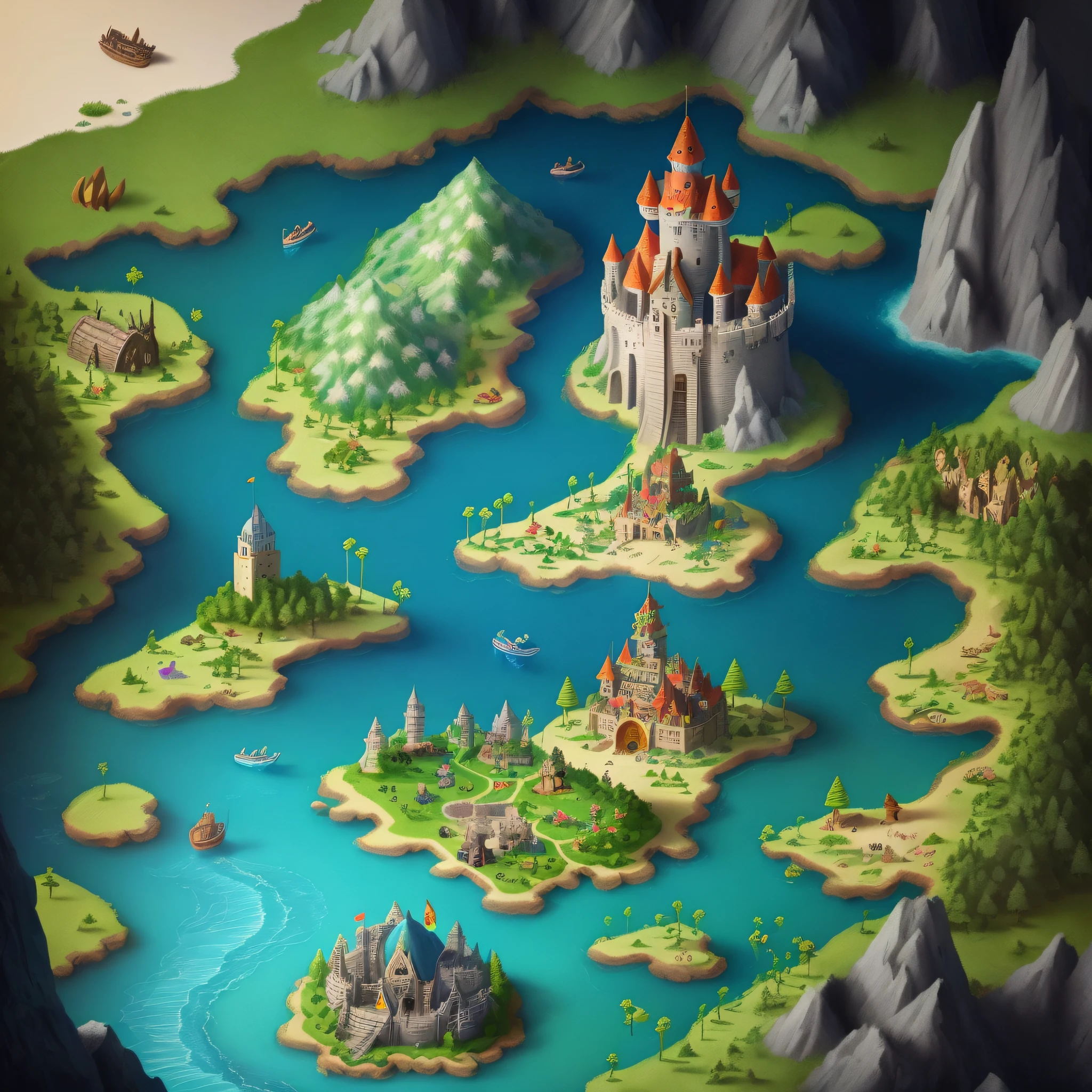 Treasure Map, Bright, Kids Illustration, Graphic Illustration, Toys, Animals, Make World Map with Kingdom, Forest, Ocean, Tower, Dark Theme, Ultra HD, Well Done, Role Play, Great