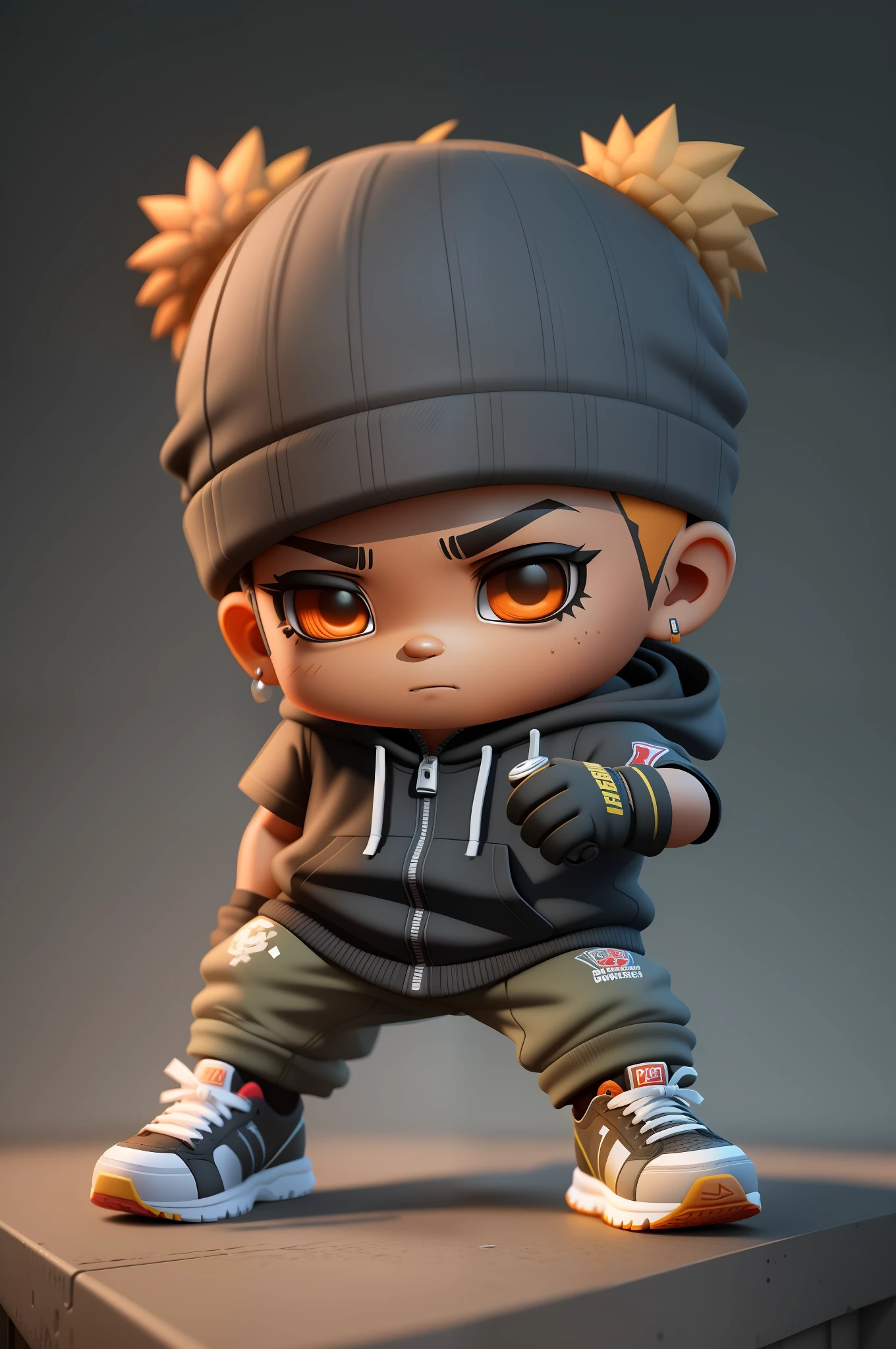 Create a 12K resolution of a 3D [gritty Hip Hop] chibi style character in detailed full body, highly detailed, vibrant, ultra high quality, Hyperrealism, Photorealism, [octane render]
