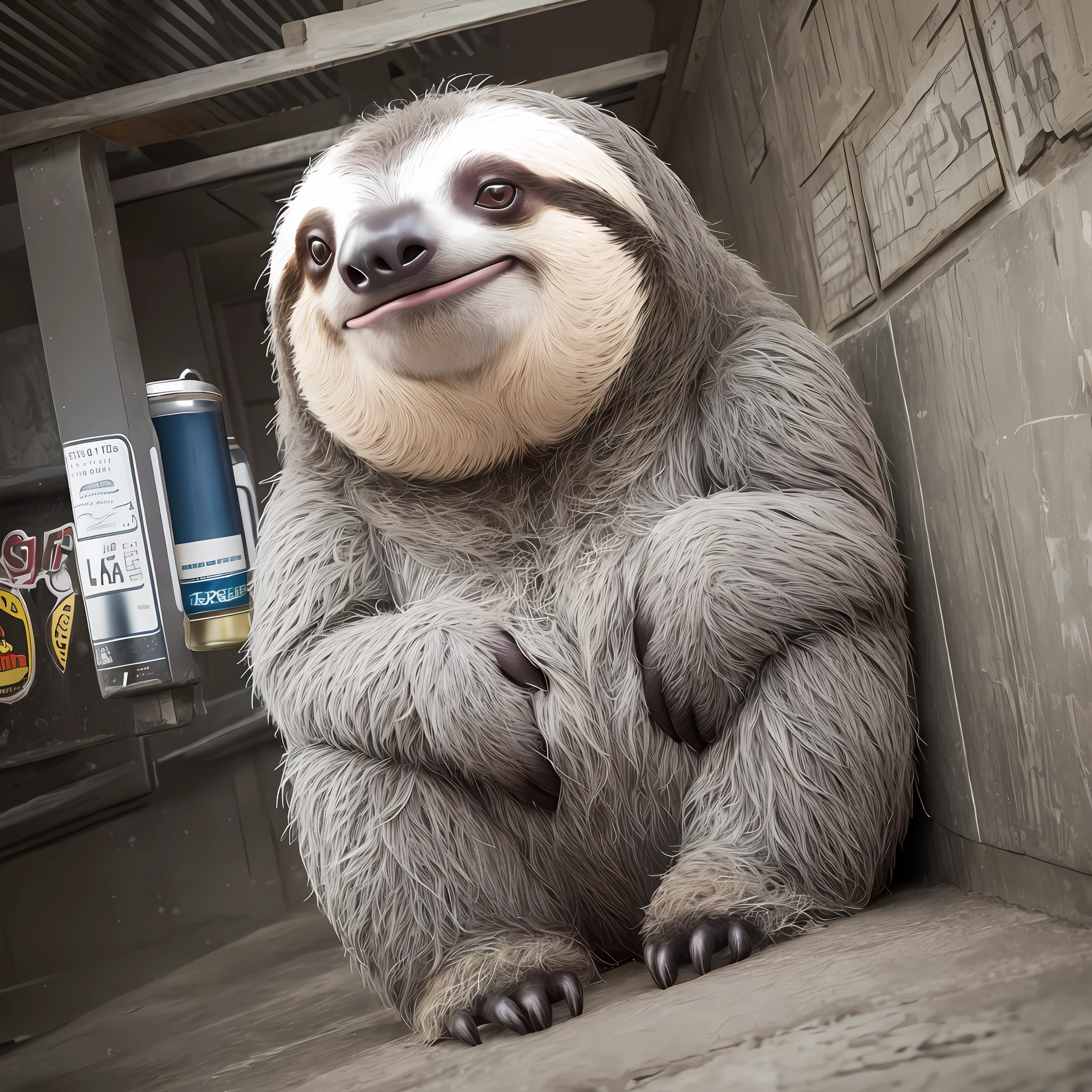 the sloth wearing gray suit and drinking beer