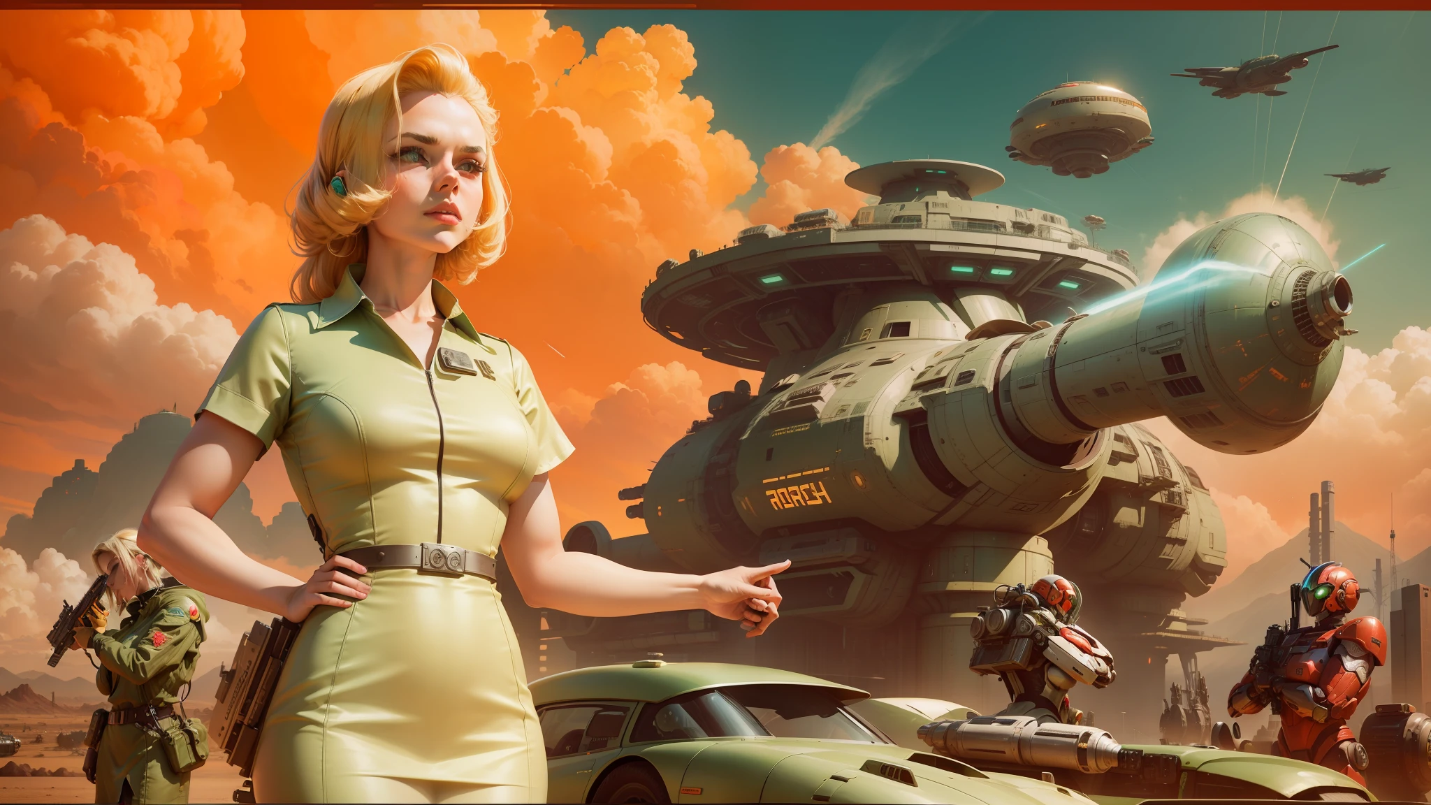 there is a woman in a green dress standing in front of a giant robot, vintage sci - fi poster, atompunk, macro giantess, blonde girl in a cosmic dress, dribbble, the jewelpunk aesthetic, nuclear explosions paint sky, chrometype aesthetics, anamorphic widescreen, megastructure in the background, red skies, holding a futuristic gun, non binary future world --auto --s2