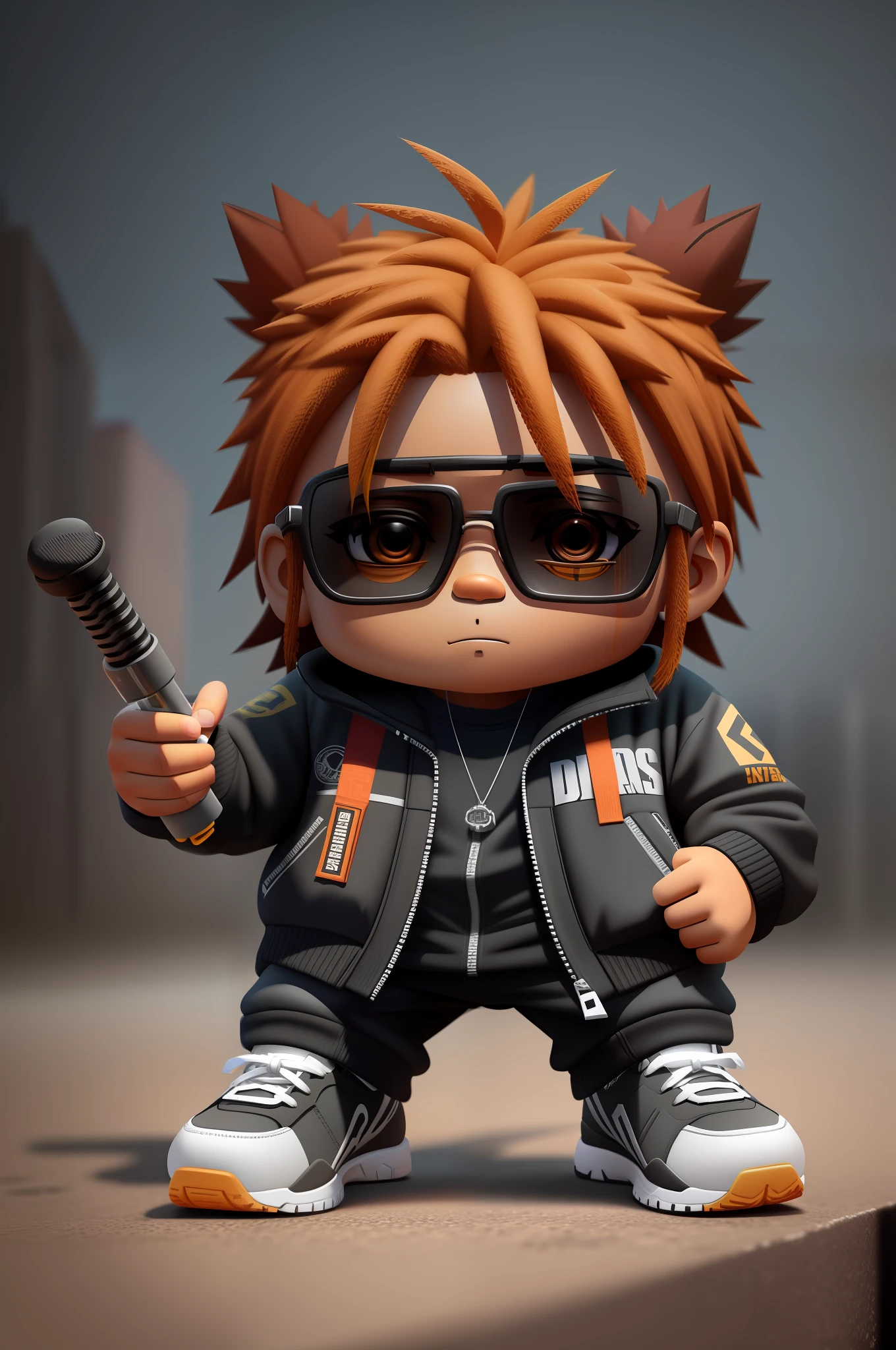 Create a 12K resolution of a 3D [gritty Hip Hop] chibi style character in detailed full body, highly detailed, vibrant, ultra high quality, Hyperrealism, Photorealism, [octane render]
