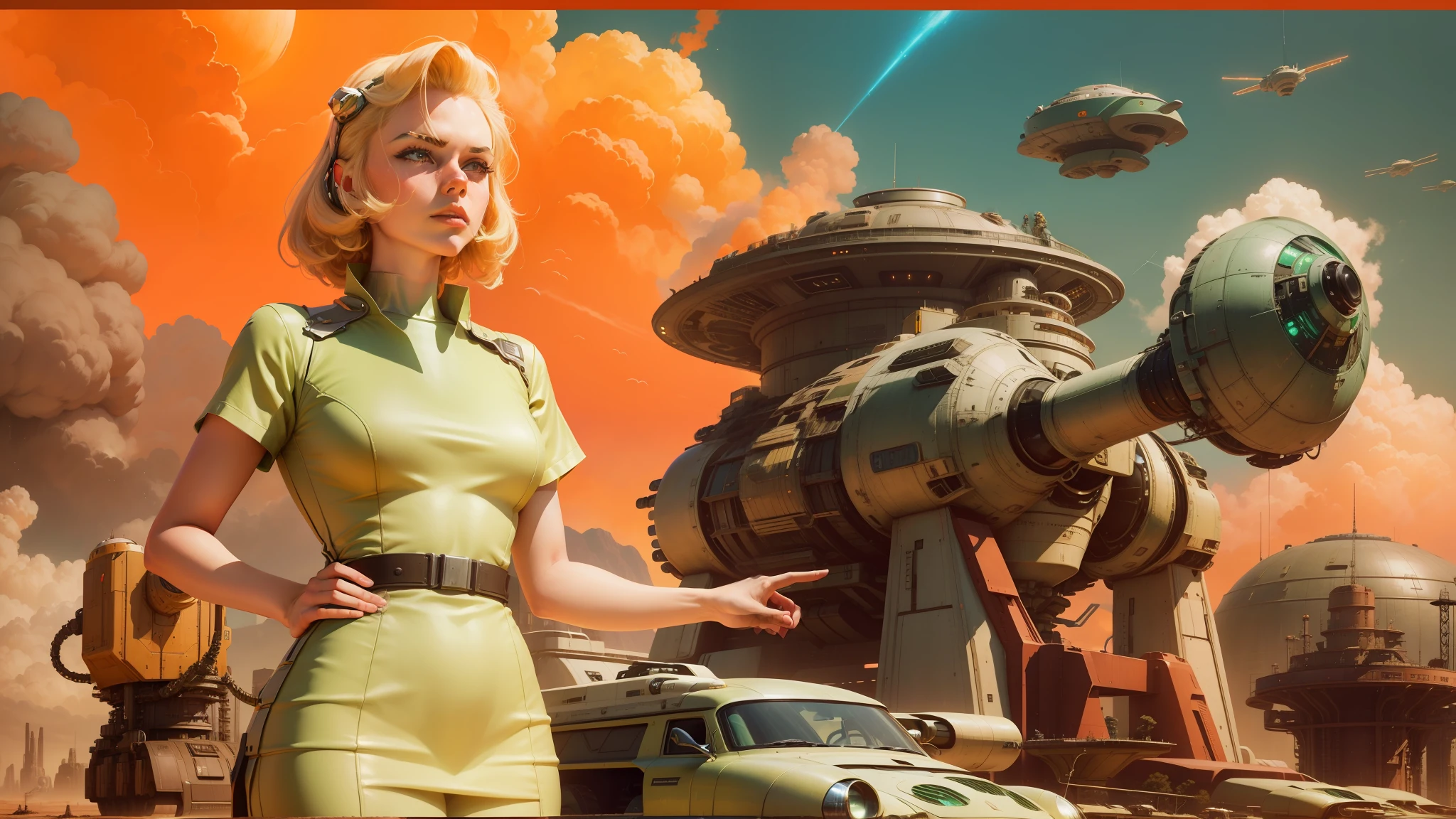 there is a woman in a green dress standing in front of a giant robot, vintage sci - fi poster, atompunk, macro giantess, blonde girl in a cosmic dress, dribbble, the jewelpunk aesthetic, nuclear explosions paint sky, chrometype aesthetics, anamorphic widescreen, megastructure in the background, red skies, holding a futuristic gun, non binary future world --auto --s2