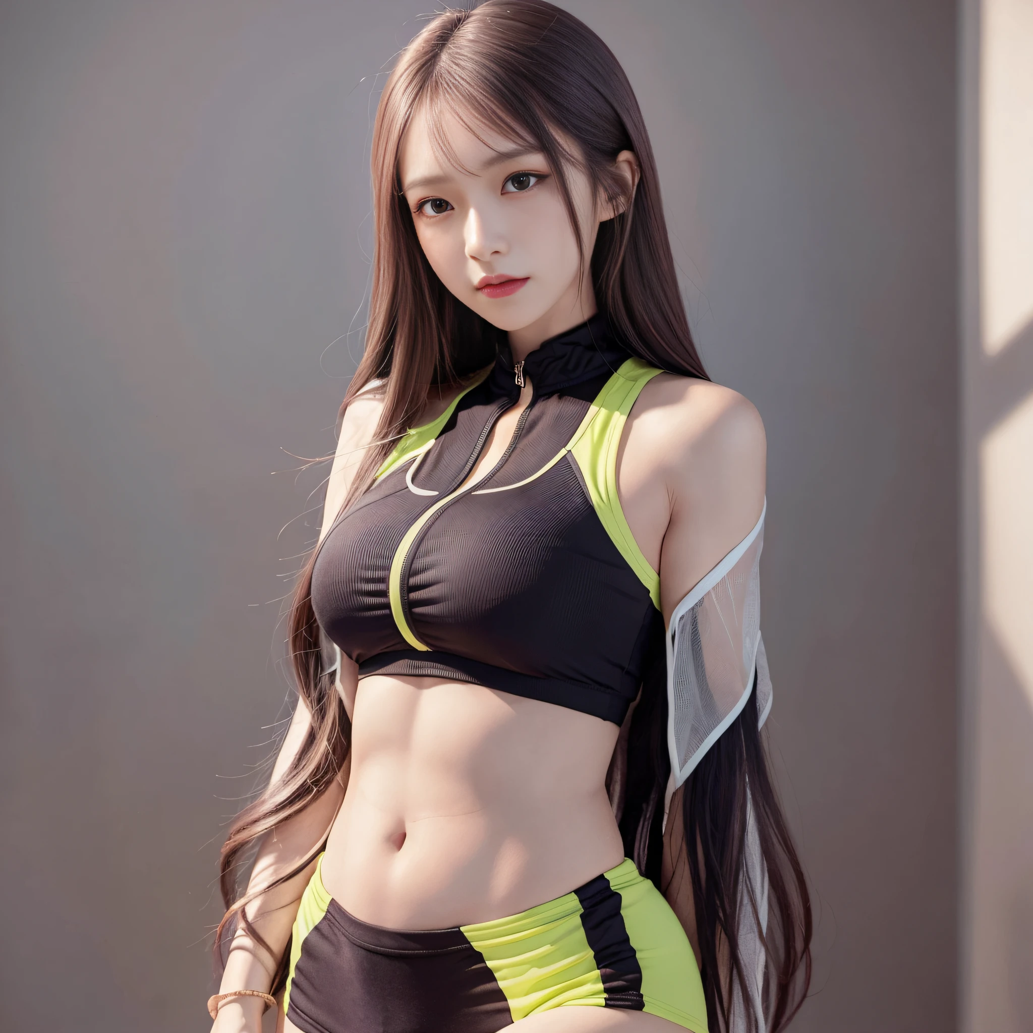 arurinh,
((blushing)) ((embarassed)) ,
waist up, absurdes,
long straight thin hair, dynamic pose, modelshoot:photoshoot, HD, high contrast, sharp image, masterpiece,
mouth closed, balanced eyes, CG render, small head bone, detailed collar bone,
(Best quality details:1.2),realistic,8K Ultra Detailed,High quality texture,detailed texture,finely detailed,high detail,extremely detailed cg,High quality shadow,beautiful face,Detailed beautiful delicate eyes, DOF, beauiful woman,smaller breast, tall,
blurry background,
lime
colourful
Gym Clothes,
