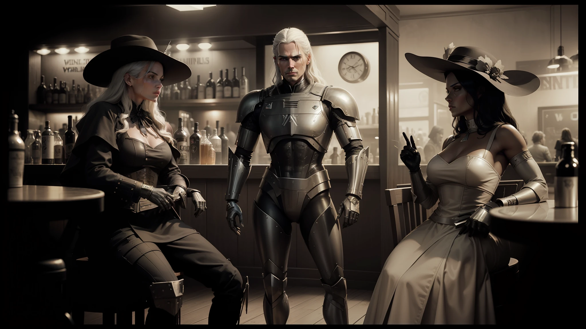 there are three people dressed up in costumes sitting at a bar, cinematic still of westworld, monochrome 3 d model, female sheriff, robot stand - off, rebecca romijn as dorothy, by Antoni Pitxot, bender, sepia toned, from witcher (2021), megadeth, 9 0 s cgi, black and white television still --auto --s2