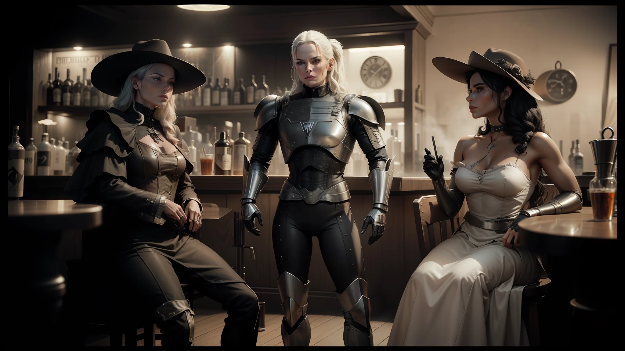 there are three people dressed up in costumes sitting at a bar, cinematic still of westworld, monochrome 3 d model, female sheriff, robot stand - off, rebecca romijn as dorothy, by Antoni Pitxot, bender, sepia toned, from witcher (2021), megadeth, 9 0 s cgi, black and white television still --auto --s2