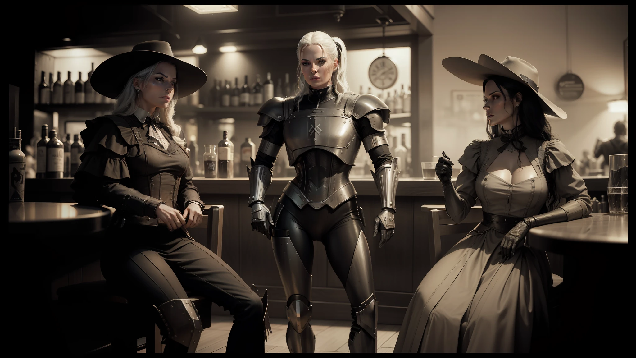 there are three people dressed up in costumes sitting at a bar, cinematic still of westworld, monochrome 3 d model, female sheriff, robot stand - off, rebecca romijn as dorothy, by Antoni Pitxot, bender, sepia toned, from witcher (2021), megadeth, 9 0 s cgi, black and white television still --auto --s2