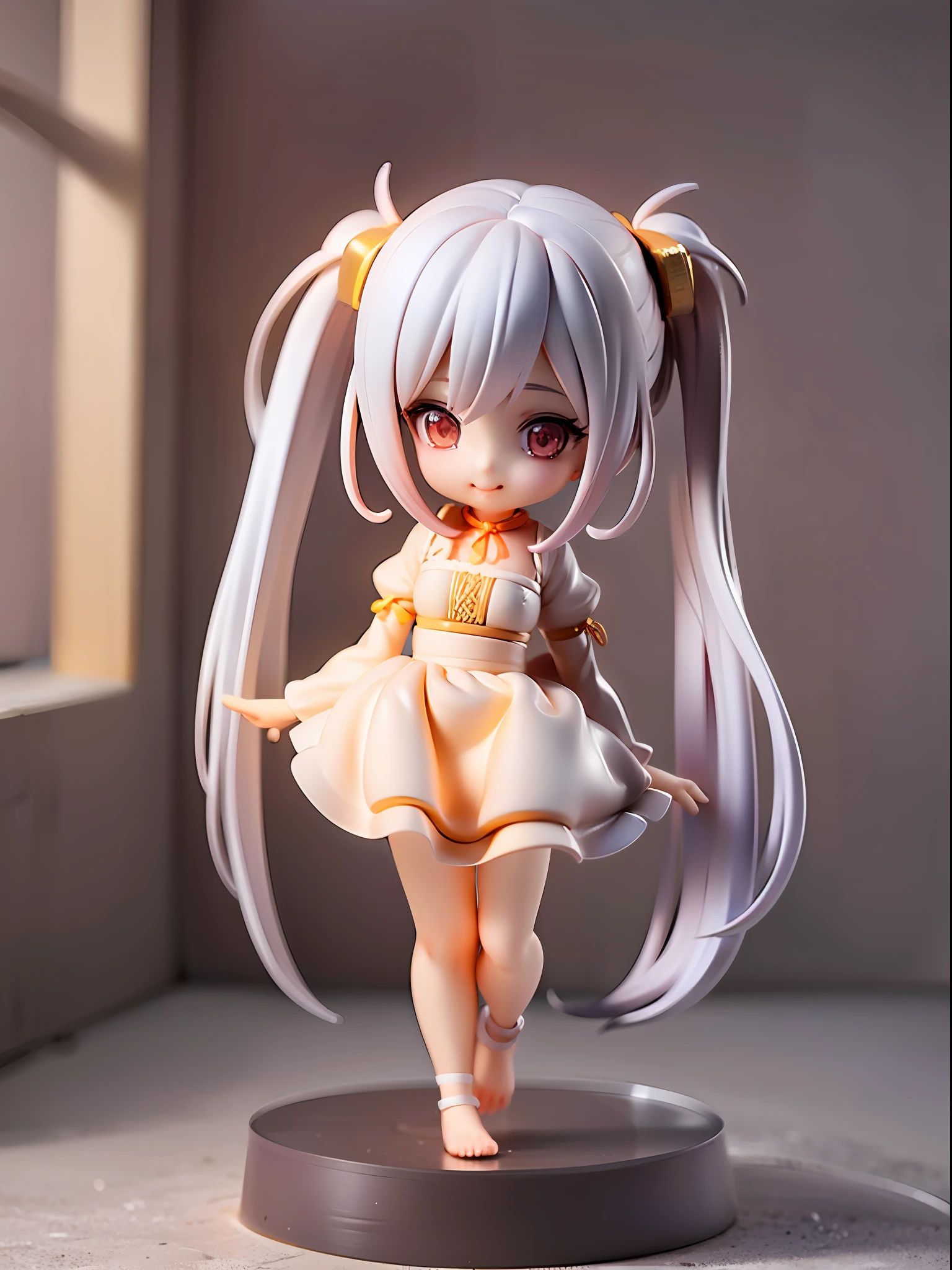 1girl, white hair, (twin tails), orange eyes, color hints, white princess dress, from the front, full body, bare feet, chibi, [realistic], (3dcg), ((octane rendering)), smile, mouth closed, (8k, RAW photo, top quality, masterpiece: 1.2), ultra high resolution, (realistic, photorealistic)))), professional lighting, detailed lighting, Professional Photo, F Dynamic Angle, High Quality, High Resolution, Very Detail, Bloom, Depth of Field, Sketch, Sharp Focus, Soft Lighting, Good Composition, God Light Highlight, Detail, (((Photorealistic Detail))), Detailed Skin, TO8 Contrast Style