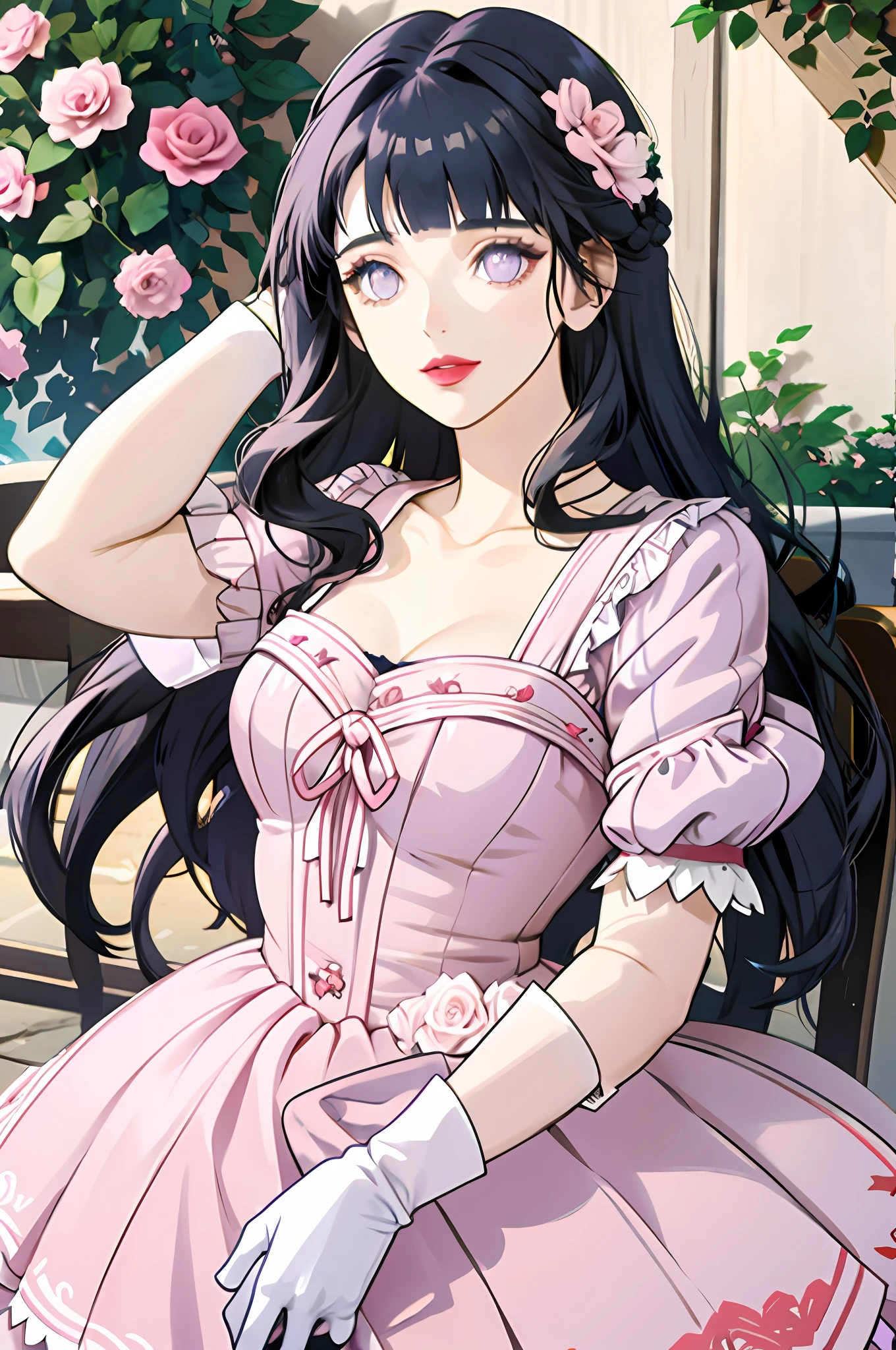 girl with long wavy dark blue hair holding a bouquet of pink and white roses, red lips, light purple eyes, cute dress, pastel blue dress, flowers, garden, blunt bangs, gloves