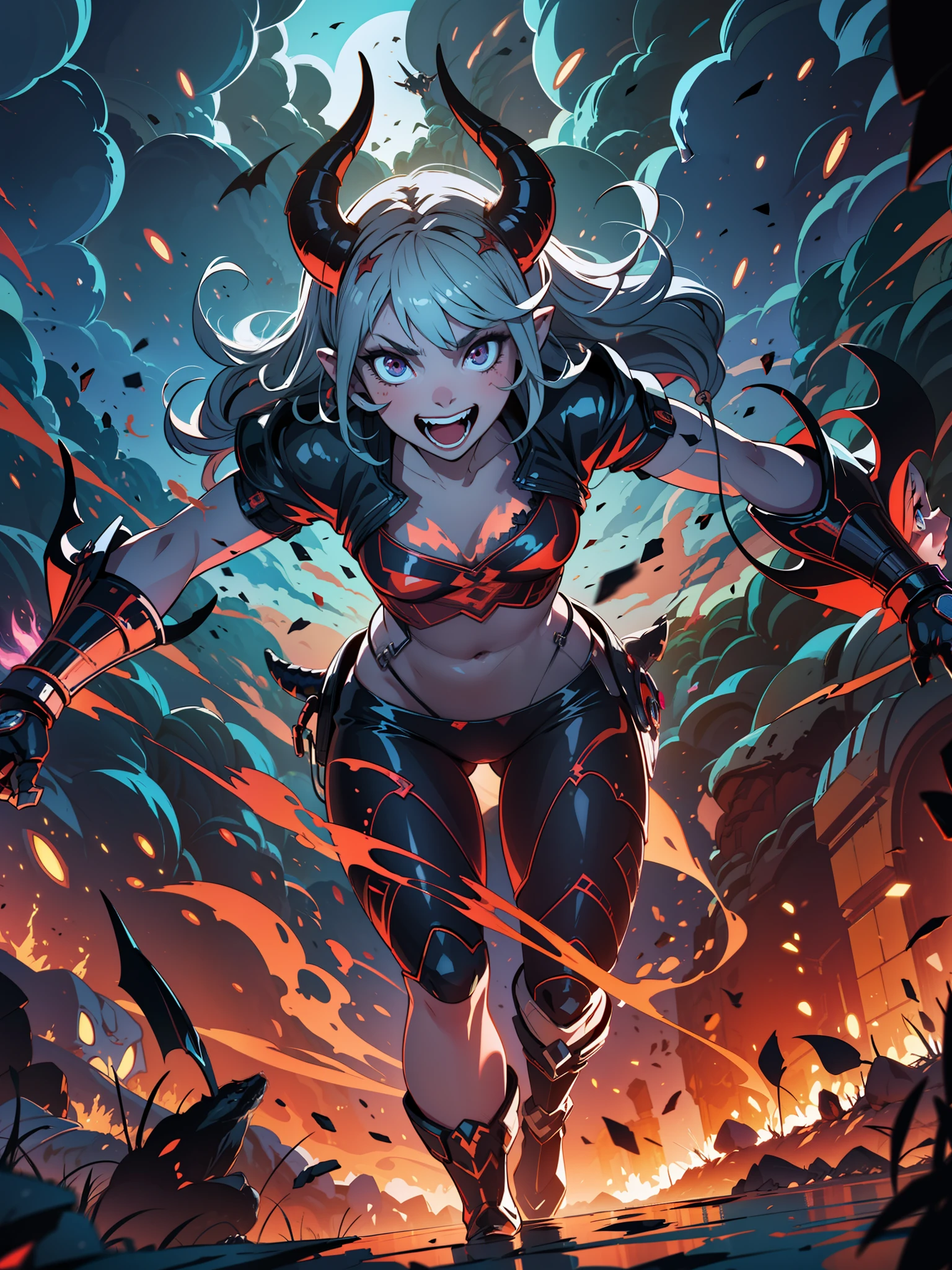 Masterpiece, ultra detailed, best quality, illustration, cinematic lights, dynamic angle, dark ,dark ambient , no humans , beautiful face, demon , laughing , portal from in background , full body , horns , fire demon , devil