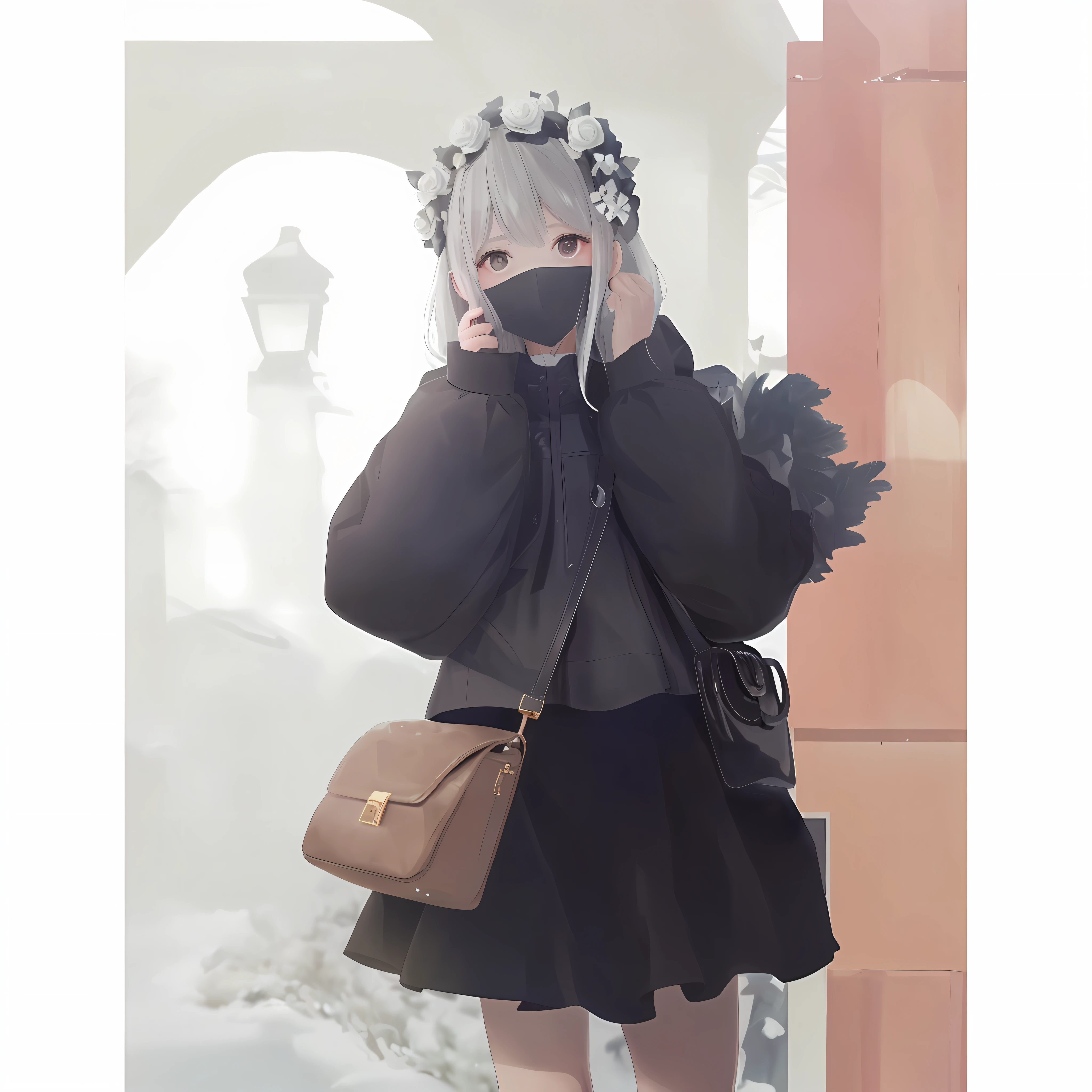 A lovely girl was wearing a black mask, a short black Down jacket, (a white skirt),and a bust,In the thick fog,snow