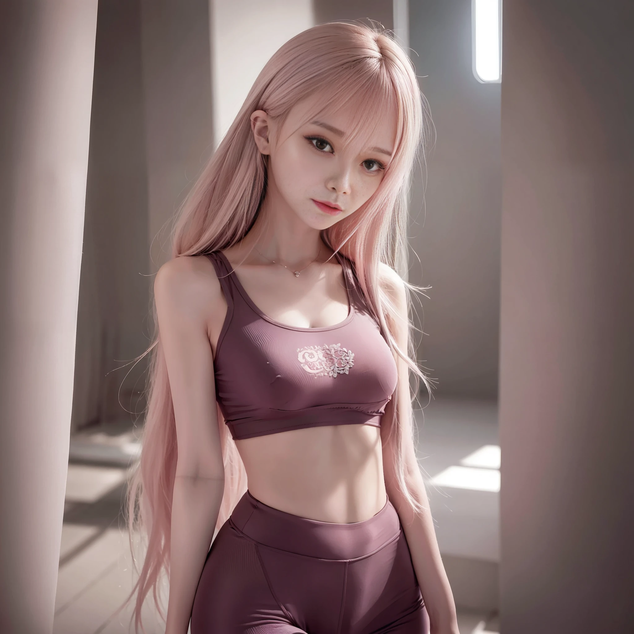 arurinh, ((blush)) ((embarrassing)), upper body, absurd, long straight thin hair, dynamic pose, modelshoot: photoshoot, HD, high contrast, sharp image, masterpiece, close your mouth, balanced eyes, CG rendering, small skull, detailed collarbone, (top quality detail: 1.2), realistic, 8K super detailed, high quality textures, detailed textures, detailed textures, detailed textures detailed, high detail, very detailed CG, high quality shadows, beautiful face, detailed beautiful delicate eyes, DOF, beautiful woman, small breasts, tall, blurry background, lime colored colorful gym clothes,