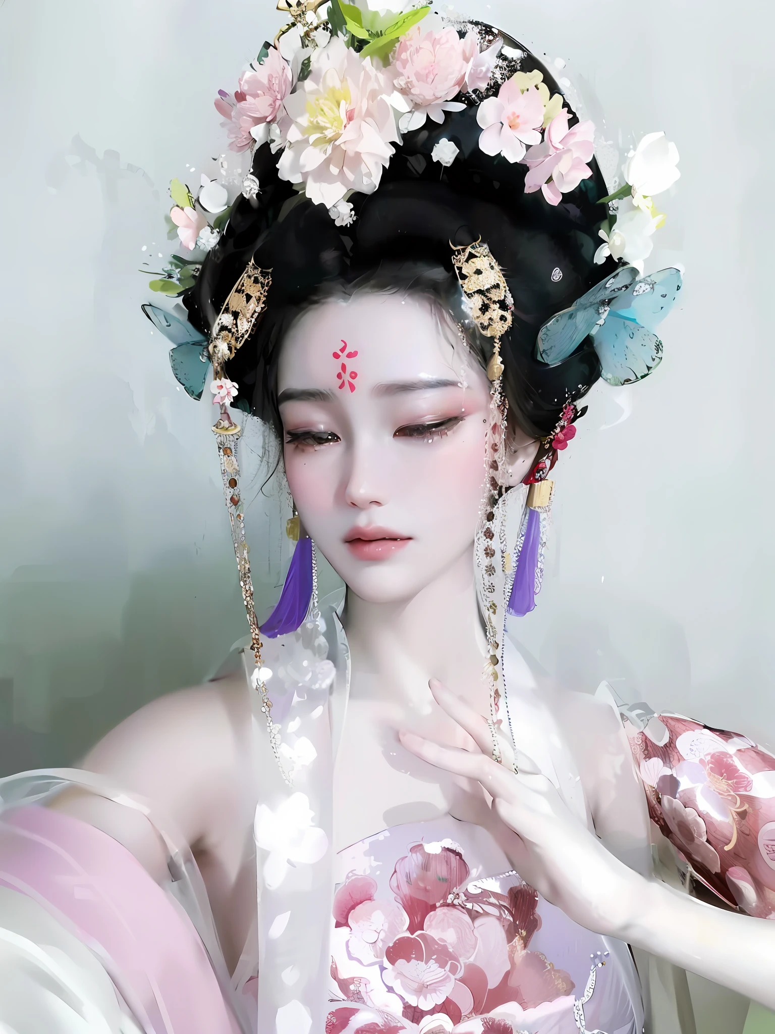araffe woman in a pink dress with a flower crown on her head, a colorized photo inspired by Lan Ying, trending on cg society, realism, hanfu, palace ， a girl in hanfu, ancient chinese princess, a beautiful fantasy empress, ancient china art style, ancient asian dynasty princess, chinese empress, white hanfu, chinese princess