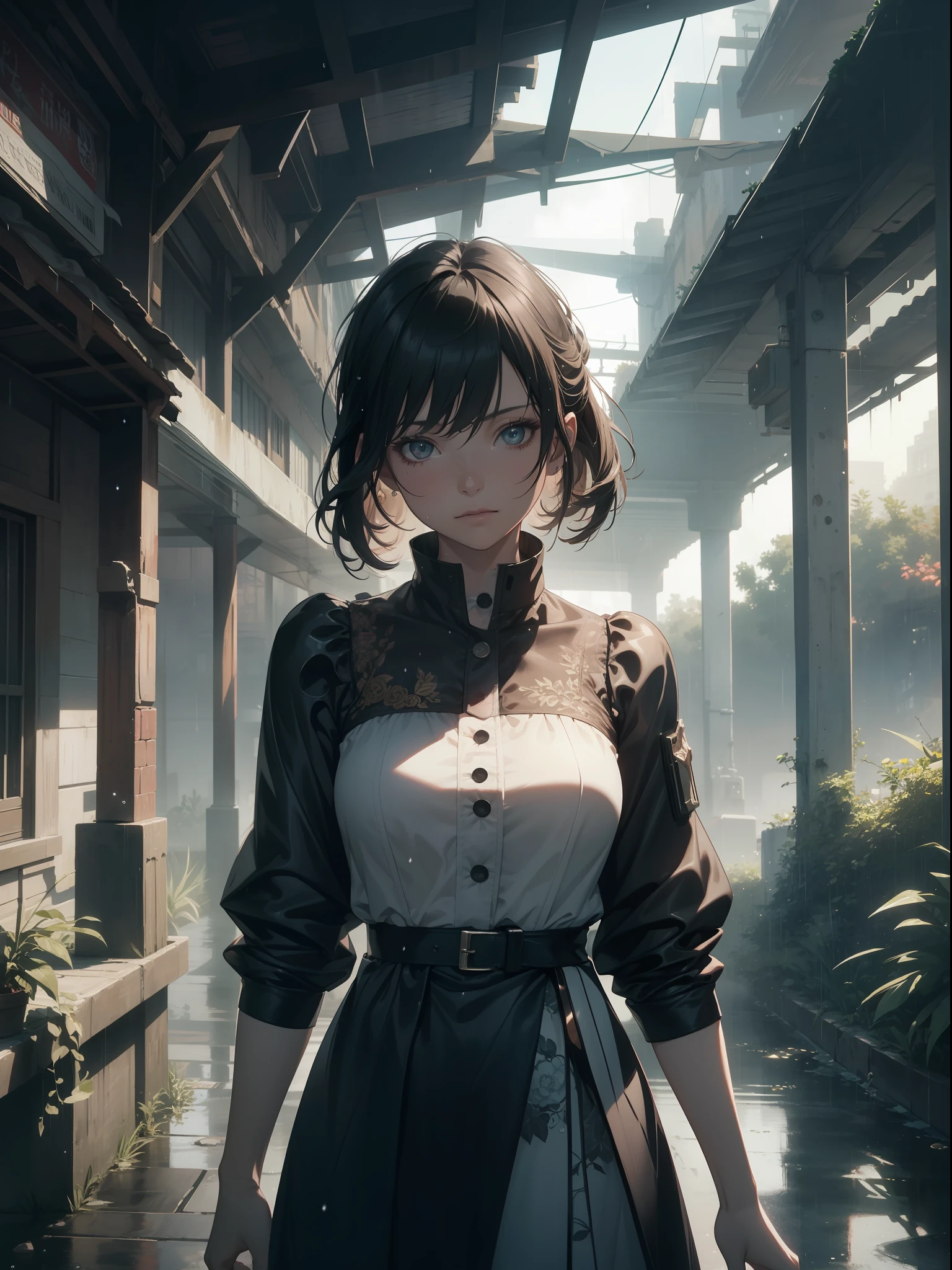 16K, HDR, Ultra HD, Best Quality, Masterpiece, Anime Style, Beautiful Young Woman in Beautiful Garden, It's Raining, Wet, Detailed Raindrops, Cowboy Shot, Wearing a Beautiful Dress, Ultra Beautiful Detail Eyes, Ultra Detailed Face, Complex, Perfect, Model, Texture, Chiaroscuro, Professional Makeup, Realistic, Rough, Dominant, Characters in Frames, by WLOP, Film Lighting, Award-Winning RTX, Ray Tracing, Surreal, Ethereal, Post-apocalyptic, Dystopia, Cyberpunk, Night , neon, desperate, dynamic intense