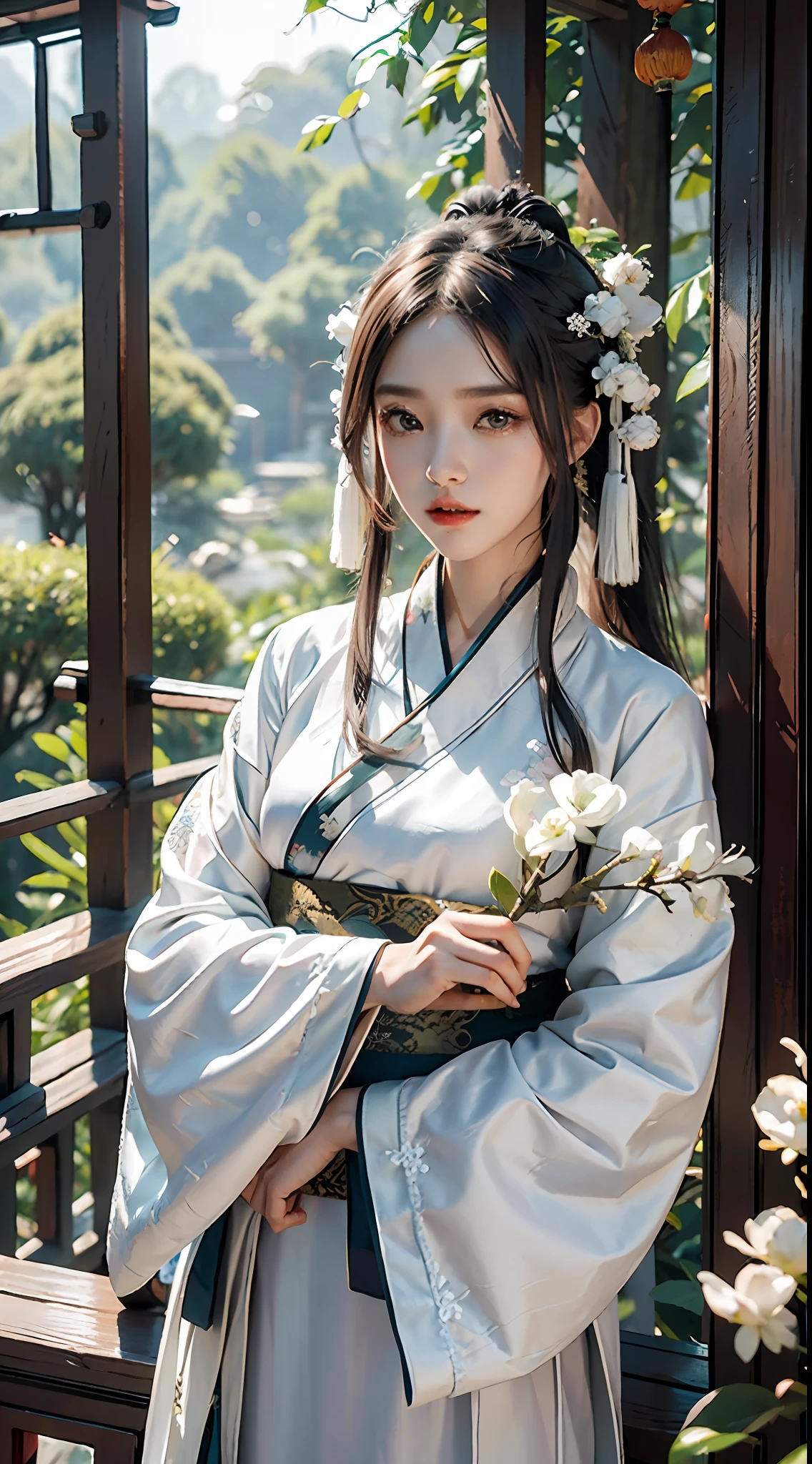 , dynamic, super detail, 8k detail post-processing, magnificent, surrealism, 8k, epic composition, intricate details, hair color random, (((Chinese white hanfu)), early morning, forest, tree house, vine, sexy, holding flowers