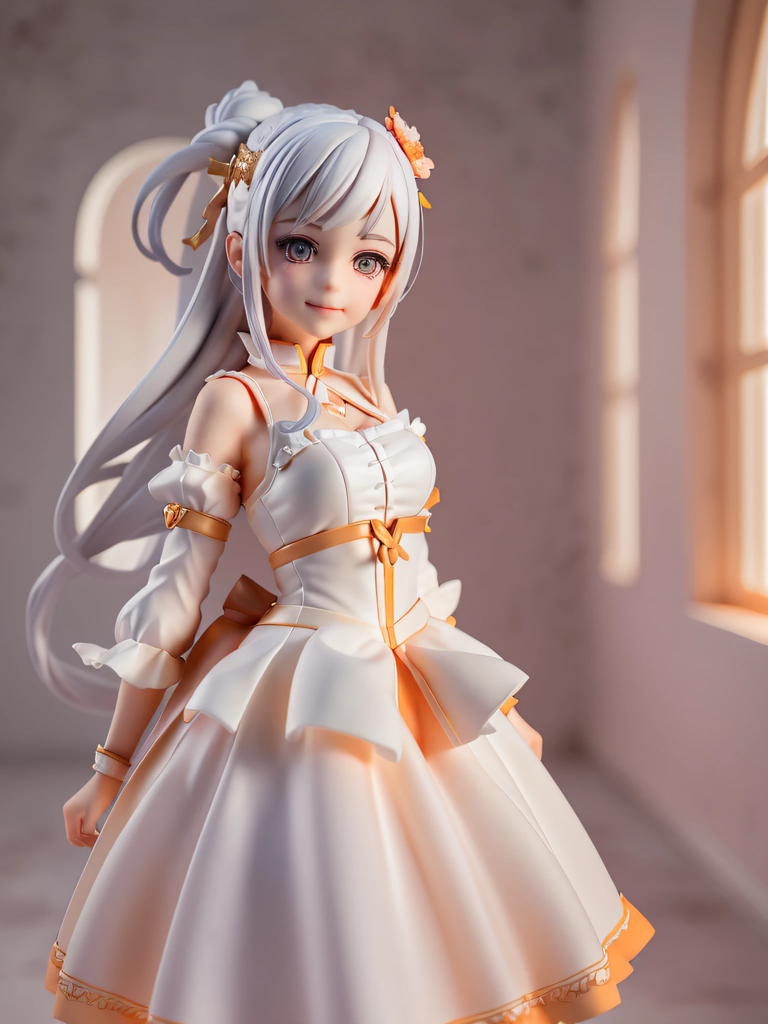 1girl,white hair,(twin tail9, cayn hair highlight,orange eye,white princessdress,from front, full body, chibi, [realistic], [3d], (3dcg), ((octane render)), smile, closed mouth, (8k, RAW photo, best quality, masterpiece:1.2), ultra high res, (((realistic, photo-realistic))), professional lighting, detailed lighting, professional photography, f dynamic angle, high quality, high res, extremely detailed, bloom,depth of field, sketch, sharp focus, soft lighting, good composition, god light highlight, detailed, (((photorealistic details))), detailed skin, to8contrast style