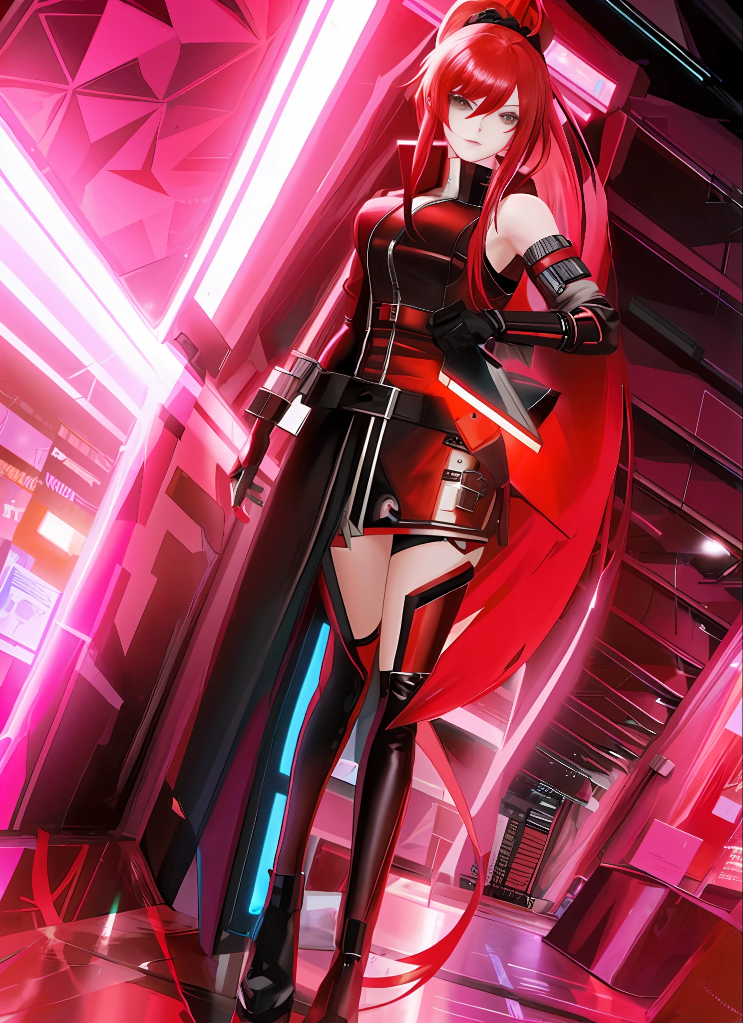 A woman in a black short skirt in red leather jacket stands, Cyberpunk anime female, female cyberpunk anime, anime cyberpunk art, cyberpunk anime girl red leather gloves, counting anime art, digital futuristic anime art, guide, ability, American manga style, Korean manga style, high ponytail, red hair, cinematic sense