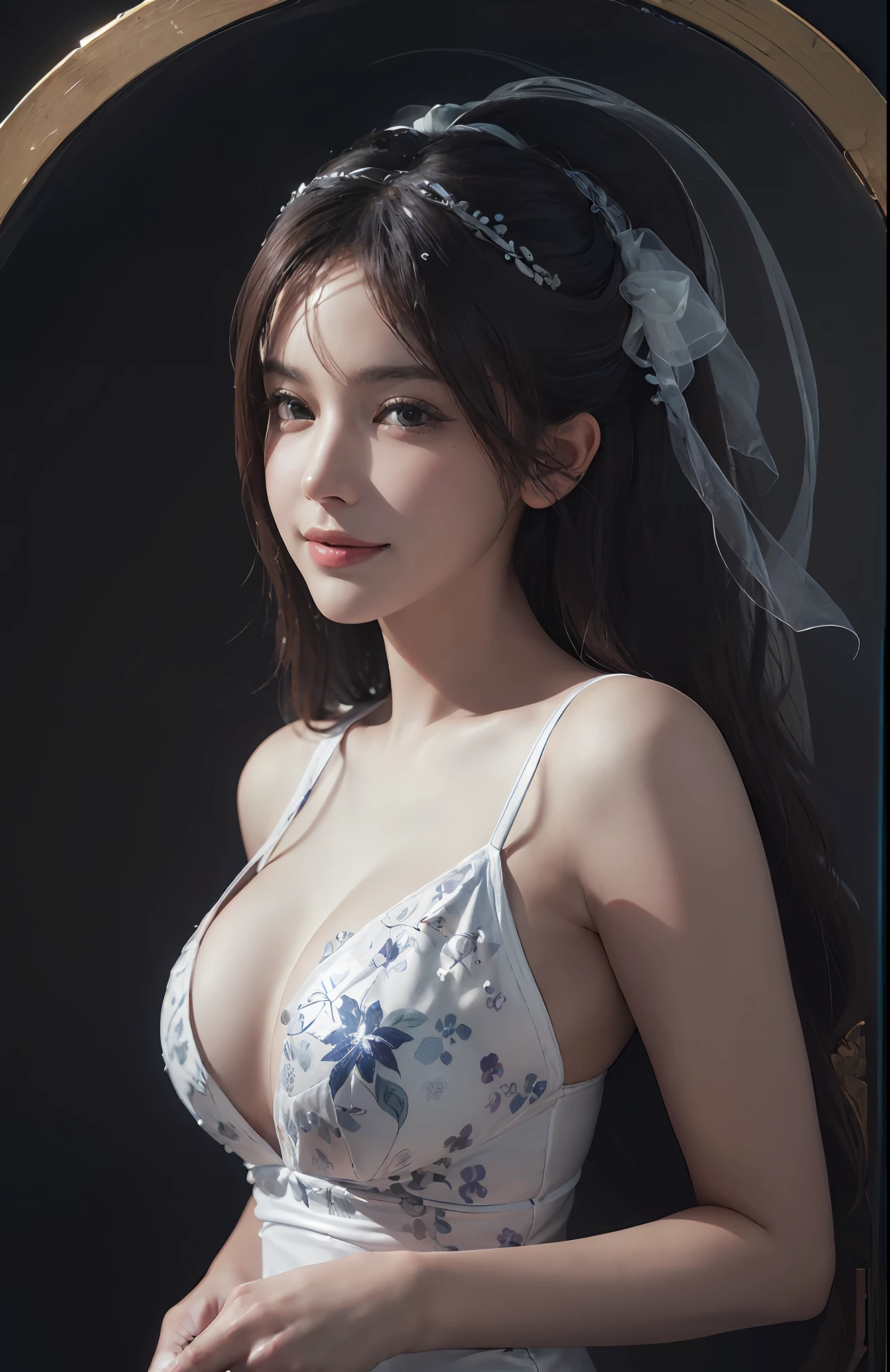 (Ultra Realistic), (Illustration), (Increase Resolution), (8K), (Very Detailed), (Best Illustration), (Beautiful Detailed Eyes), (Best Quality), (Ultra Detailed), (Masterpiece), (Wallpaper), (Detailed Face), Solo,1 Girl, Look Viewer, Delicate Details, Detailed Face, Dark, Deep Shadows, Unobtrusive, pureerosfaceace_v1, Smile,White Swimsuit