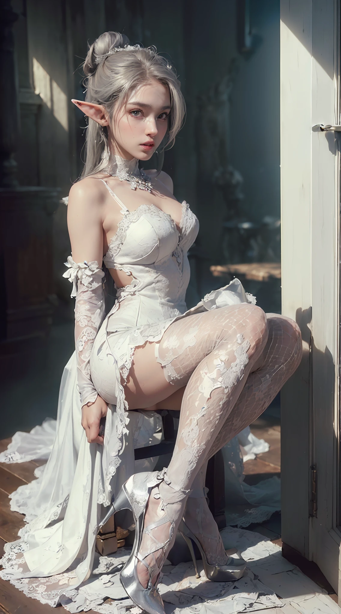 (Best Quality), ((Masterpiece), (Detail: 1.4), 3D, (Silver: 1.9), (Bun: 1.3), Face Close-up, Extremely Normal Hands, Extremely Normal Legs, Elf Long Ears, Wedding Dress, High Heels, HDR (High Dynamic Range), Ray Tracing, NVIDIA RTX, Super-Resolution, Unreal 5, Subsurface Scattering, PBR Textures, Post Processing, Anisotropic Filtering, Depth of Field, Maximum sharpness and sharpness, multi-layer textures, albedo and highlight maps, surface shading, accurate simulation of light-material interactions, perfect proportions, Octane Render, two-color light, large aperture, low ISO, white balance, rule of thirds, 8K RAW,