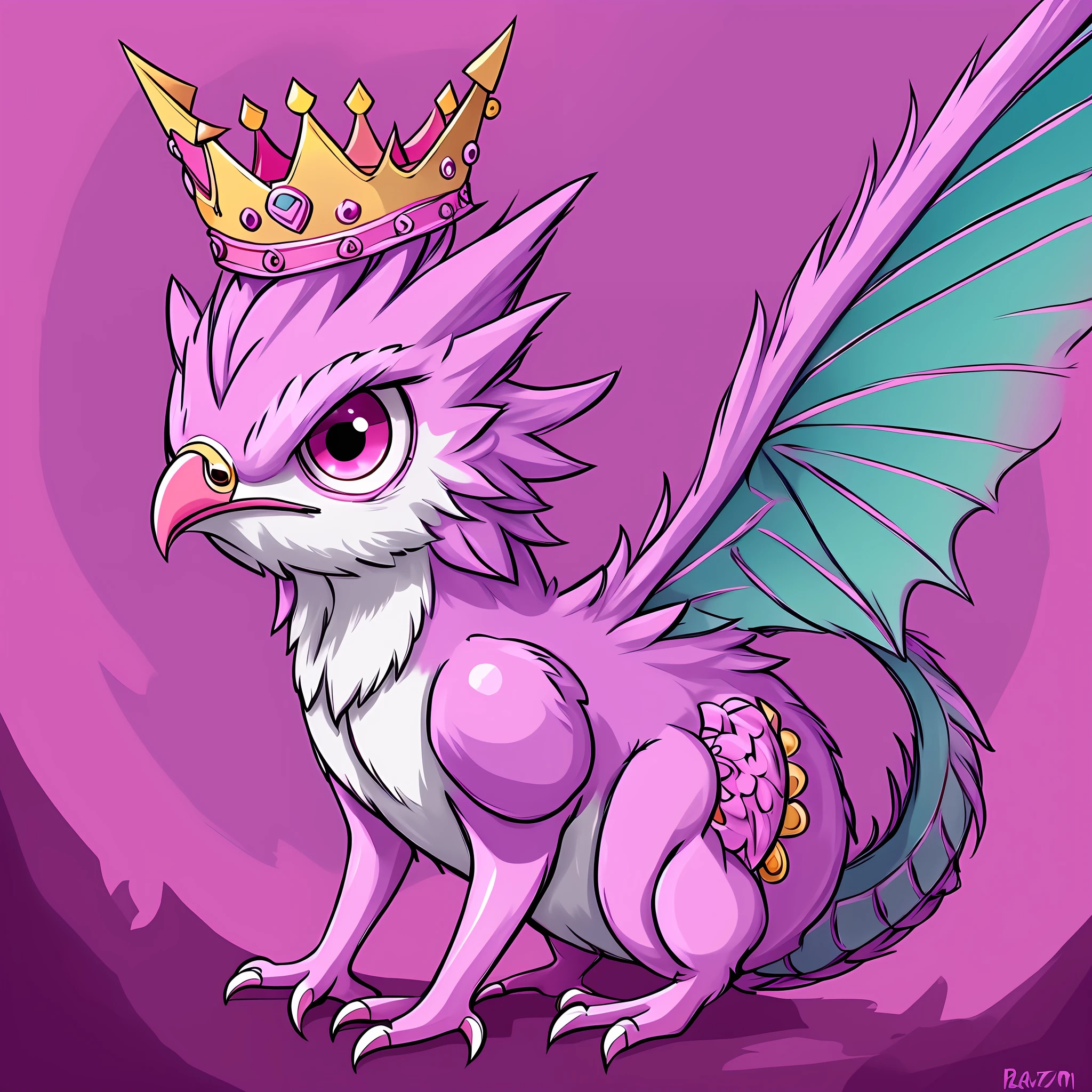 a cartoon bird with a crown on its head and a pink background, a digital painting inspired by Derf, trending on deviantart, digital art, discord pfp, omori, weird silly thing with big eyes, very cute purple dragon, avatar for website, discord profile picture, big pink eyes, digital drawing, in the art style of quetzecoatl