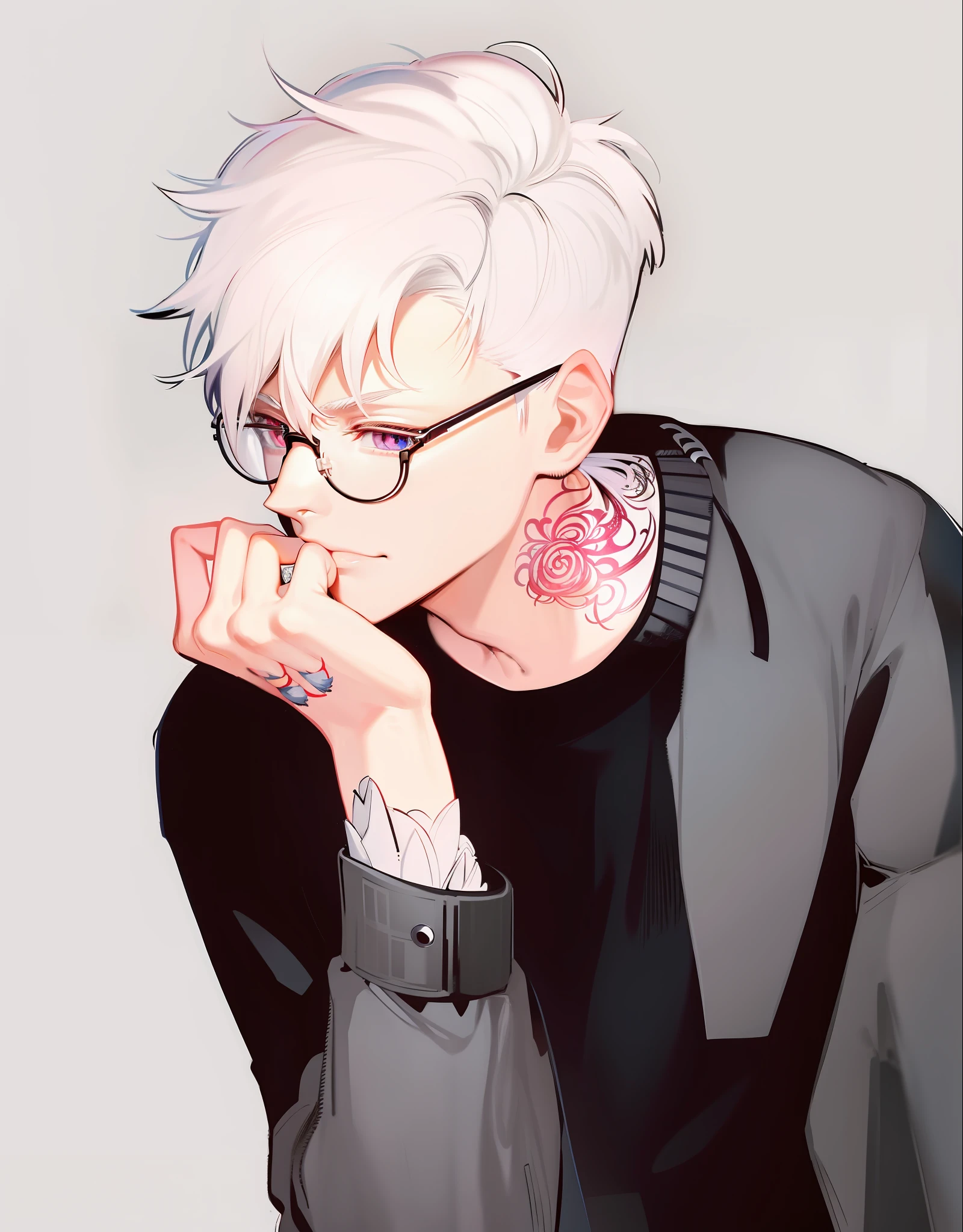 Anime boy with white hair and glasses sitting down, hands on chin, Ken Kaneki, male anime style, 2D anime style, tall anime man with blue eyes, anime boy, inspired by Tokei Okumura, Ken Kaneki, hermaphrodites, anime style, glasses, bust portrait, handsome anime pose, purple background