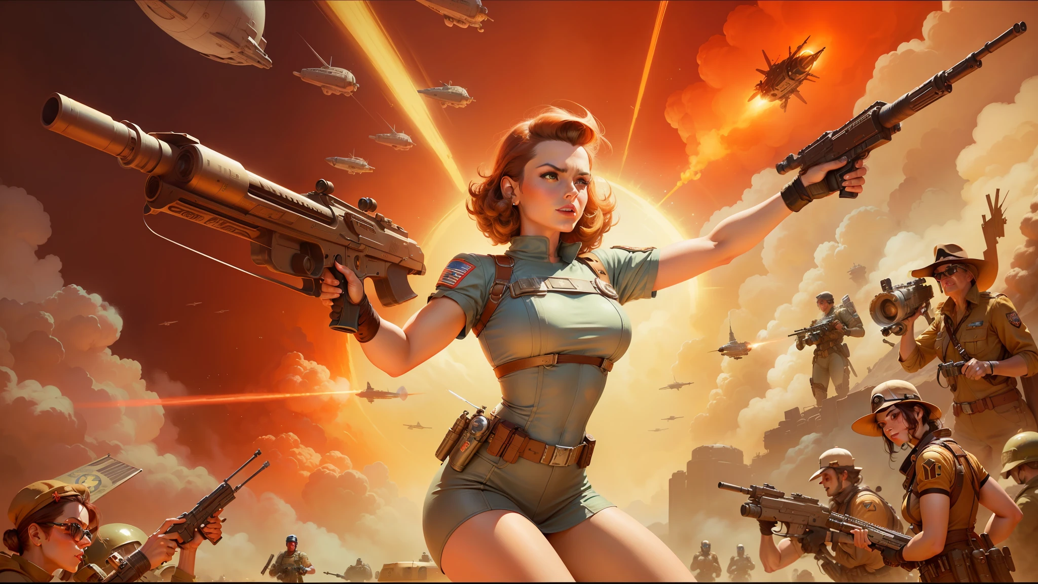 there is a woman holding a gun in front of a bunch of people, retro sci - fi art, youtube thumbnail, inspired by Art Frahm, symmetrical dieselpunk warrior, spaceship exploding, by Mark Brooks, dan decarlo, furious gorgeous woman, wartime footage, atomic stars --auto --s2