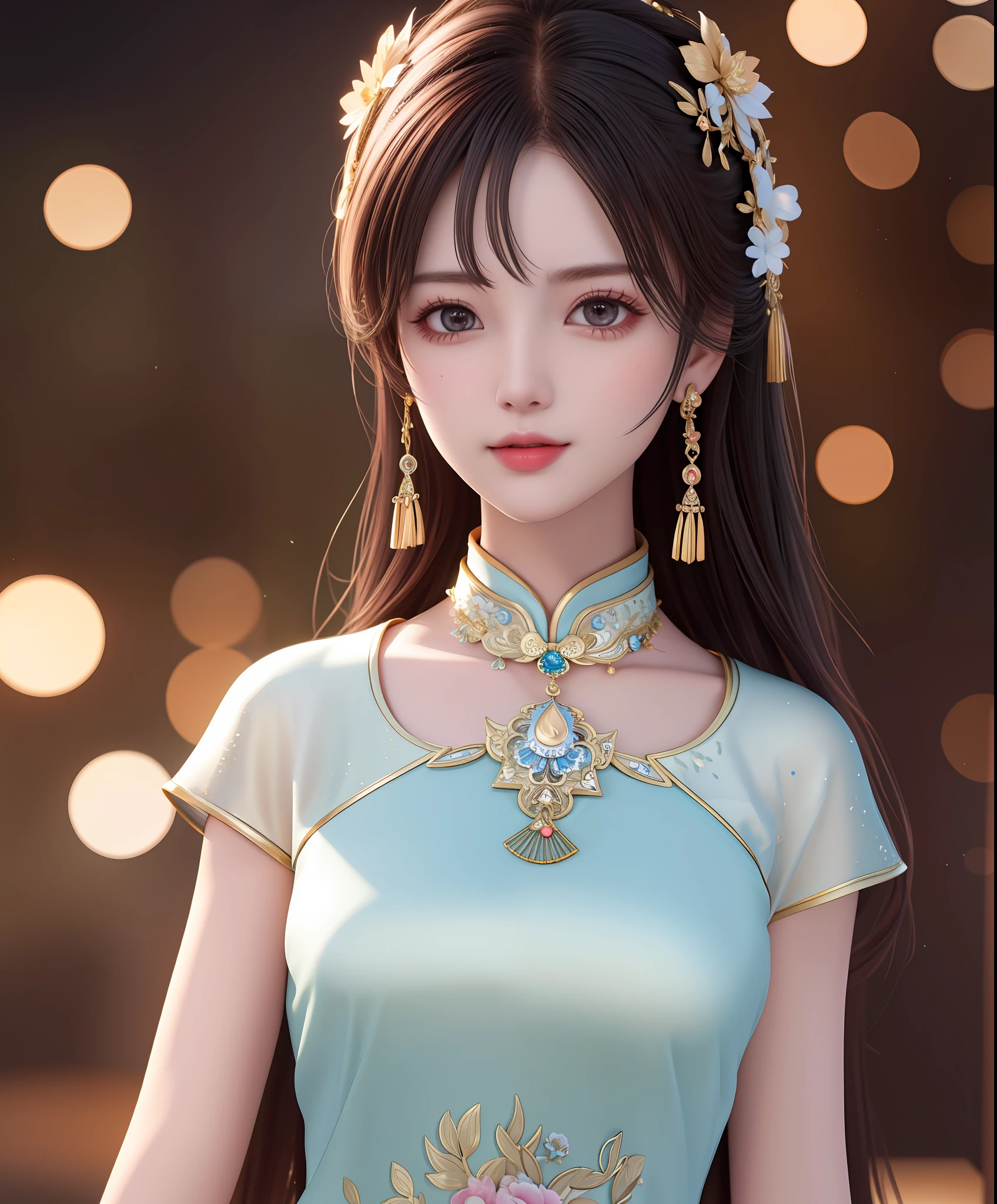 Best Quality, Masterpiece, Hi-Res, One Girl, Cheongsam, Headwear, Necklace, Jewelry, Beautiful Face, upon_body, Tyndall Effect, Photorealistic, Dark Studio, Rim Lighting, Two-Tone Lighting, (High Definition Skin: 1.2), 8k uhd, dslr, soft lighting, high quality, volumetric lighting, candid, photography, high resolution, 4k, 8k, bokeh,