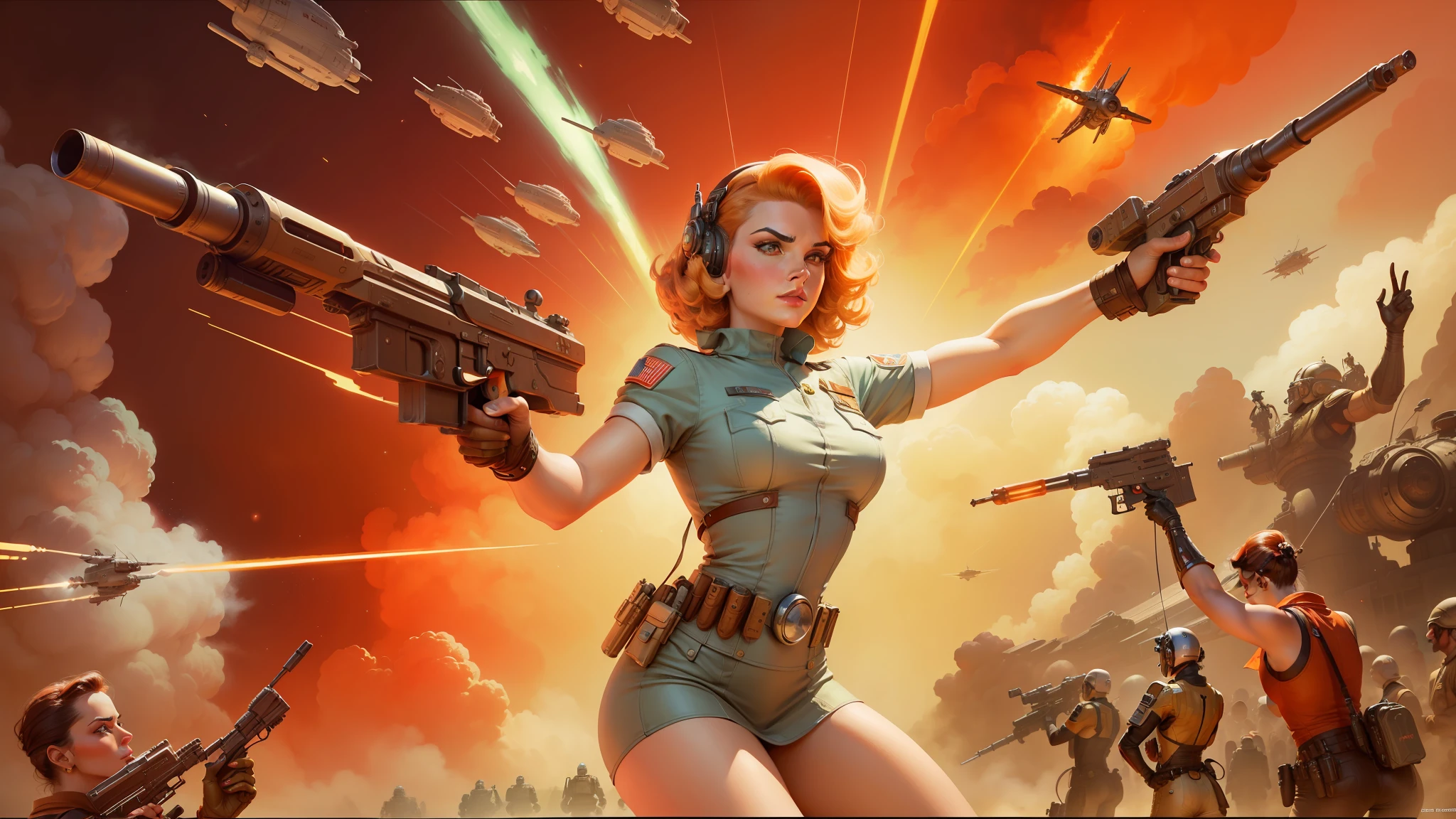there is a woman holding a gun in front of a bunch of people, retro sci - fi art, youtube thumbnail, inspired by Art Frahm, symmetrical dieselpunk warrior, spaceship exploding, by Mark Brooks, dan decarlo, furious gorgeous woman, wartime footage, atomic stars --auto --s2