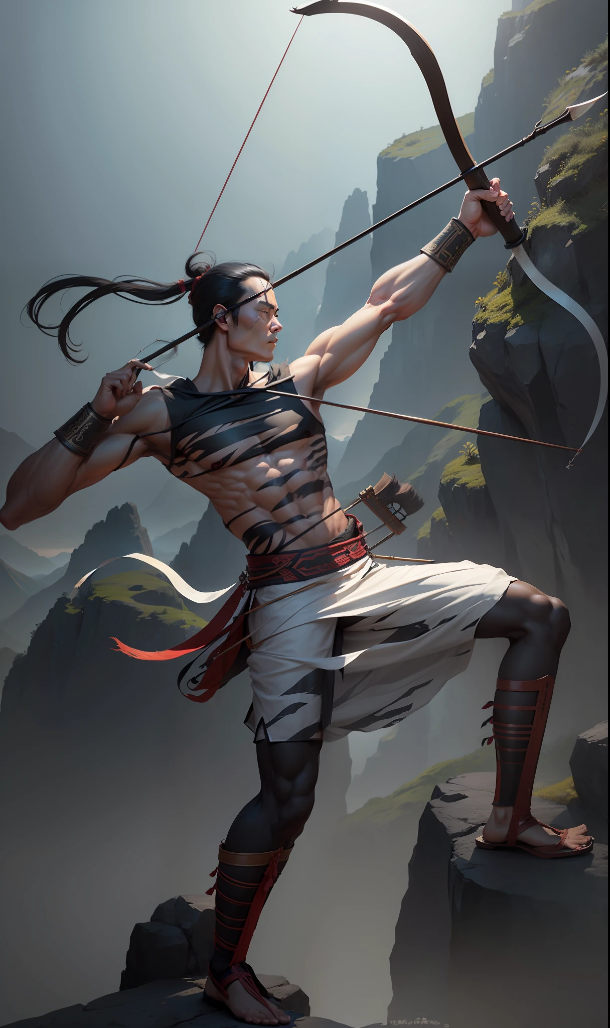 Ancient Chinese male figure, wearing animal skin, black hair, standing on the edge of a cliff, holding a bow and arrow, drawing a bow and shooting arrows, rough muscles, illustrations, highly detailed, atmospheric effects, detailed details, light and shadow effects, concept art --auto --s2