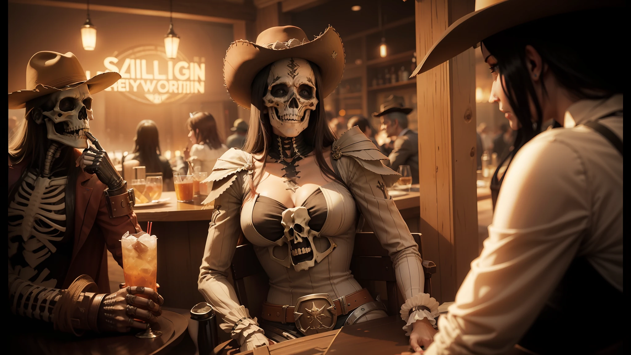 there are two women dressed up in costumes sitting at a table, skeleton cowboy, cinematic post - processing, realism artstyle, shoulders can be seen, sin city, she is smiling, by Shingei, sombrero, cinematic trailer, humanoid woman, exploitable image, female death holding a cocktail, amouranth, sfw version, cowboys, bar --auto --s2