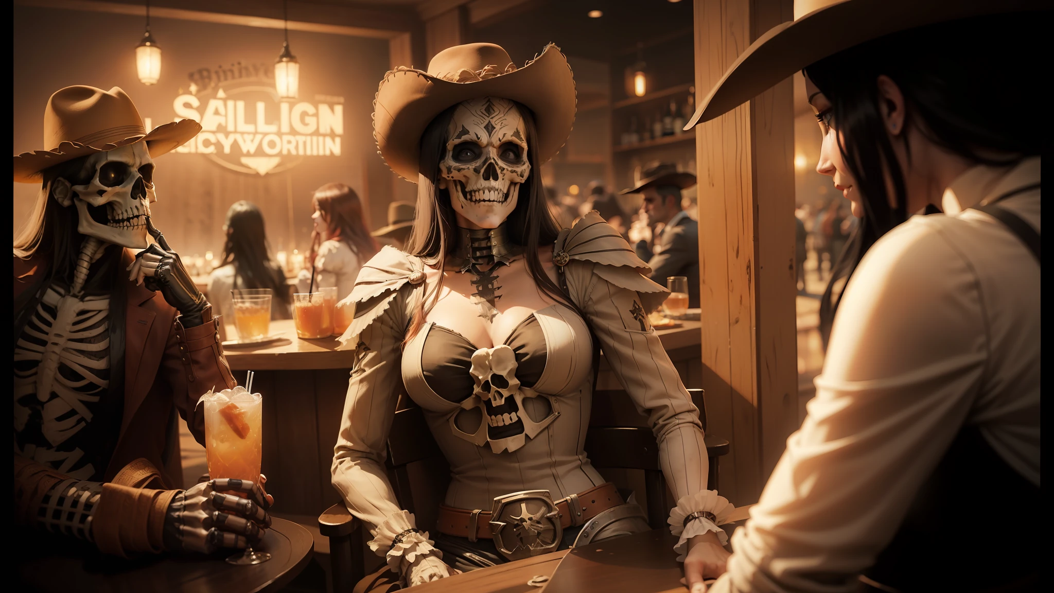 there are two women dressed up in costumes sitting at a table, skeleton cowboy, cinematic post - processing, realism artstyle, shoulders can be seen, sin city, she is smiling, by Shingei, sombrero, cinematic trailer, humanoid woman, exploitable image, female death holding a cocktail, amouranth, sfw version, cowboys, bar --auto --s2