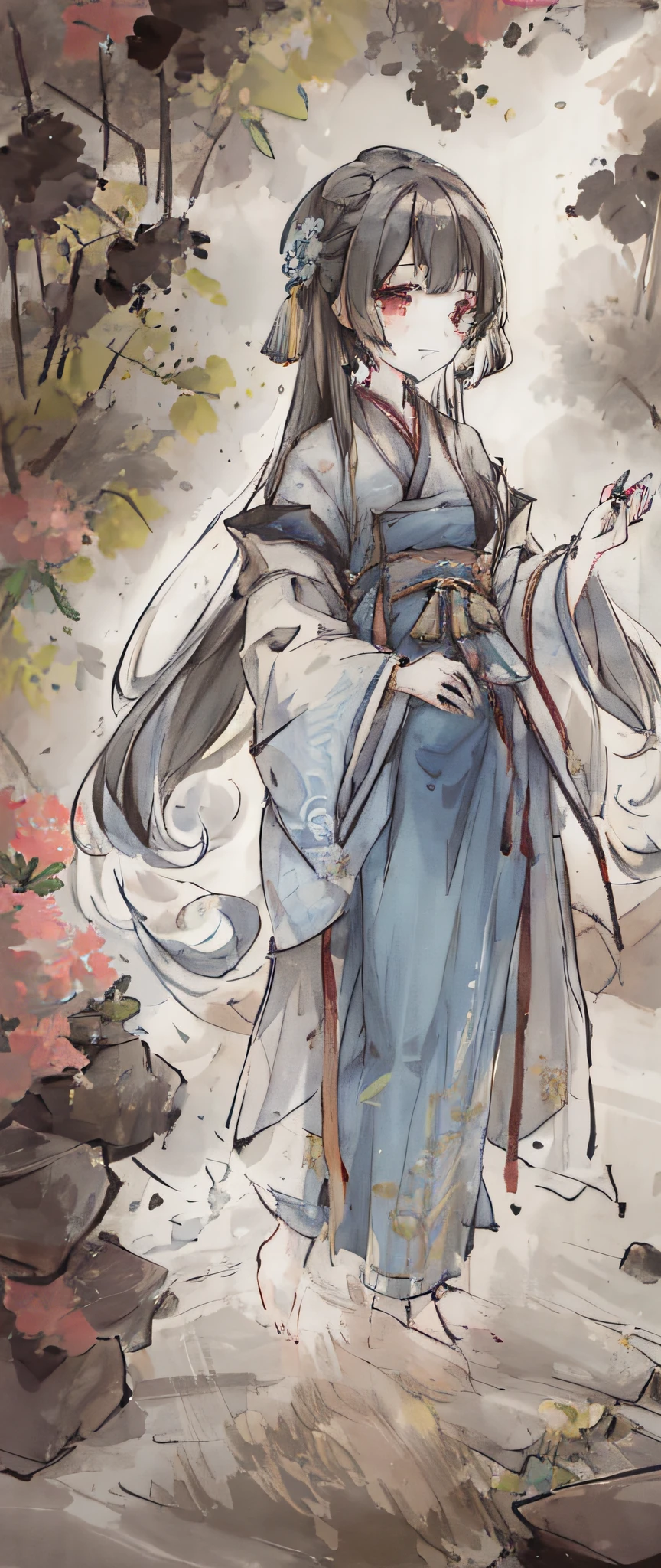 ((4k,masterpiece,best quality)), shuimobysim, traditional chinese ink painting, lotus, hanfu, maxiskit, dress conservatively 1girl, solo, long blue hair, smile, standing, feet in the water, barefoot,