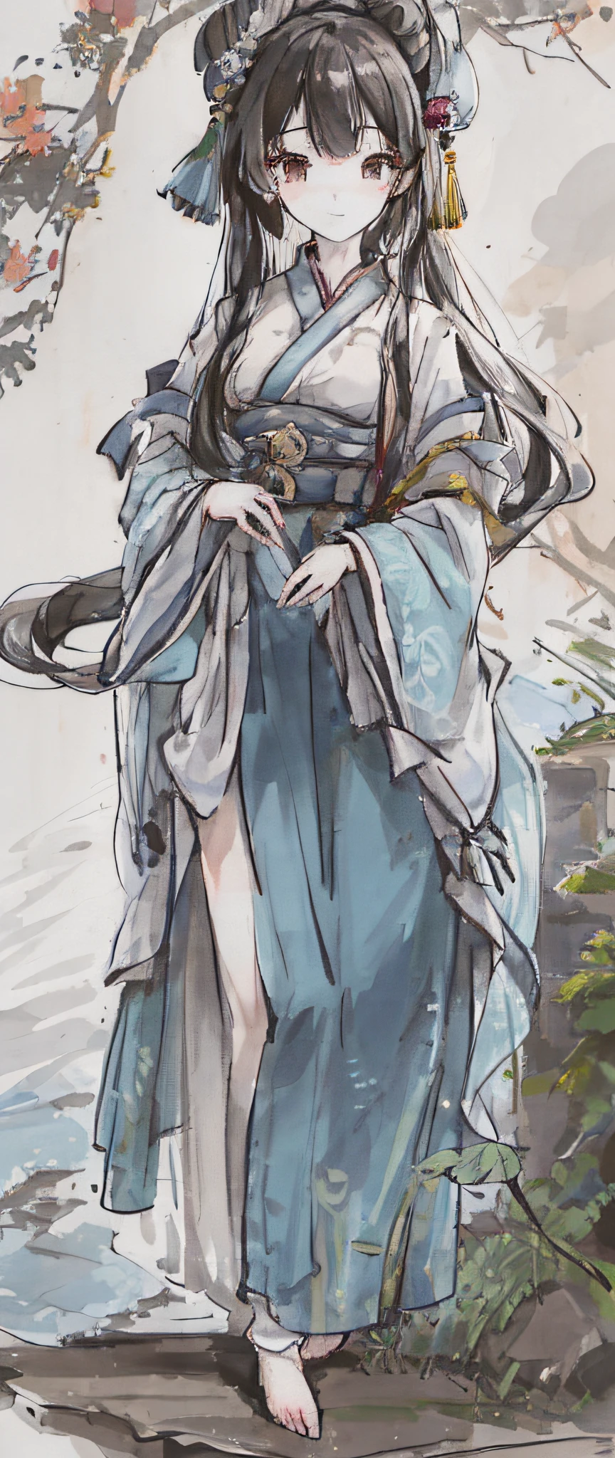 ((4k,masterpiece,best quality)), shuimobysim, traditional chinese ink painting, lotus, hanfu, maxiskit, dress conservatively 1girl, solo, long blue hair, smile, standing, feet in the water, barefoot,
