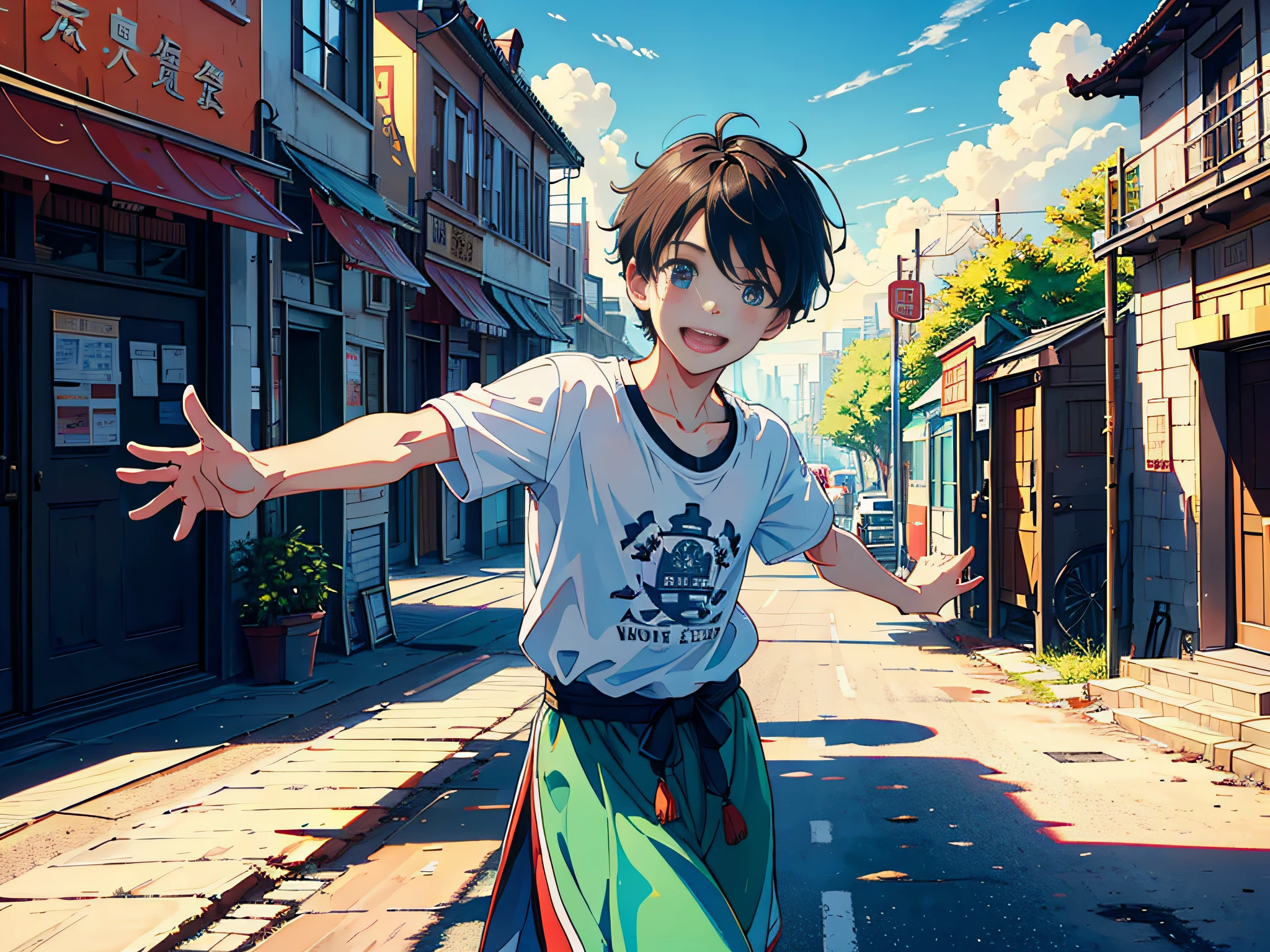 Sunny at noon, (boy 1.5) A boy is on the side of the street, the street is the background, the streets are lined with buildings, the man is wearing a white T-shirt, the background is outdoors, the expression is particularly happy, the expression is excited, the expression is ecstatic, the shot is mainly featured on the upper body, in the Loepfe art style ((New Sea City), popular in CGStation, New Haicheng H 2160, inspired by Bian Shoumin, Xinhaicheng, Kavasi, Guwitz style, high quality, 4K, 8K, resolution,- Auto-s2