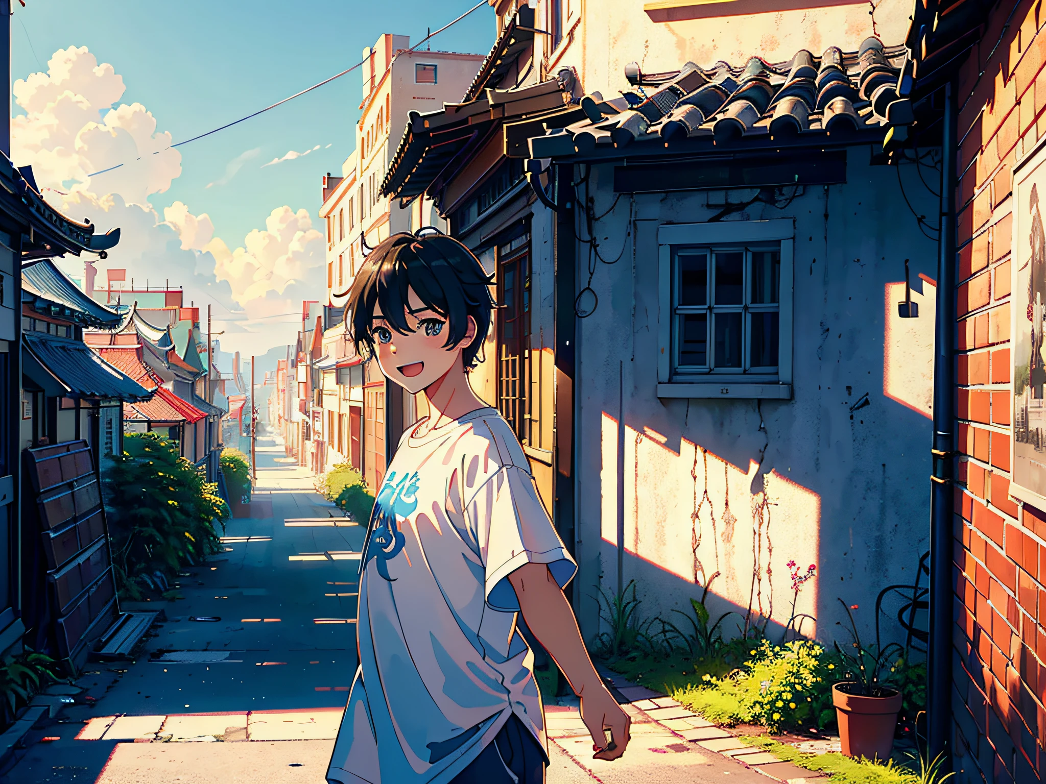 Sunny at noon, (boy 1.5) A boy is on the side of the street, the street is the background, the streets are lined with buildings, the man is wearing a white T-shirt, the background is outdoors, the expression is particularly happy, the expression is excited, the expression is ecstatic, the shot is mainly featured on the upper body, in the Loepfe art style ((New Sea City), popular in CGStation, New Haicheng H 2160, inspired by Bian Shoumin, Xinhaicheng, Kavasi, Guwitz style, high quality, 4K, 8K, resolution,- Auto-s2