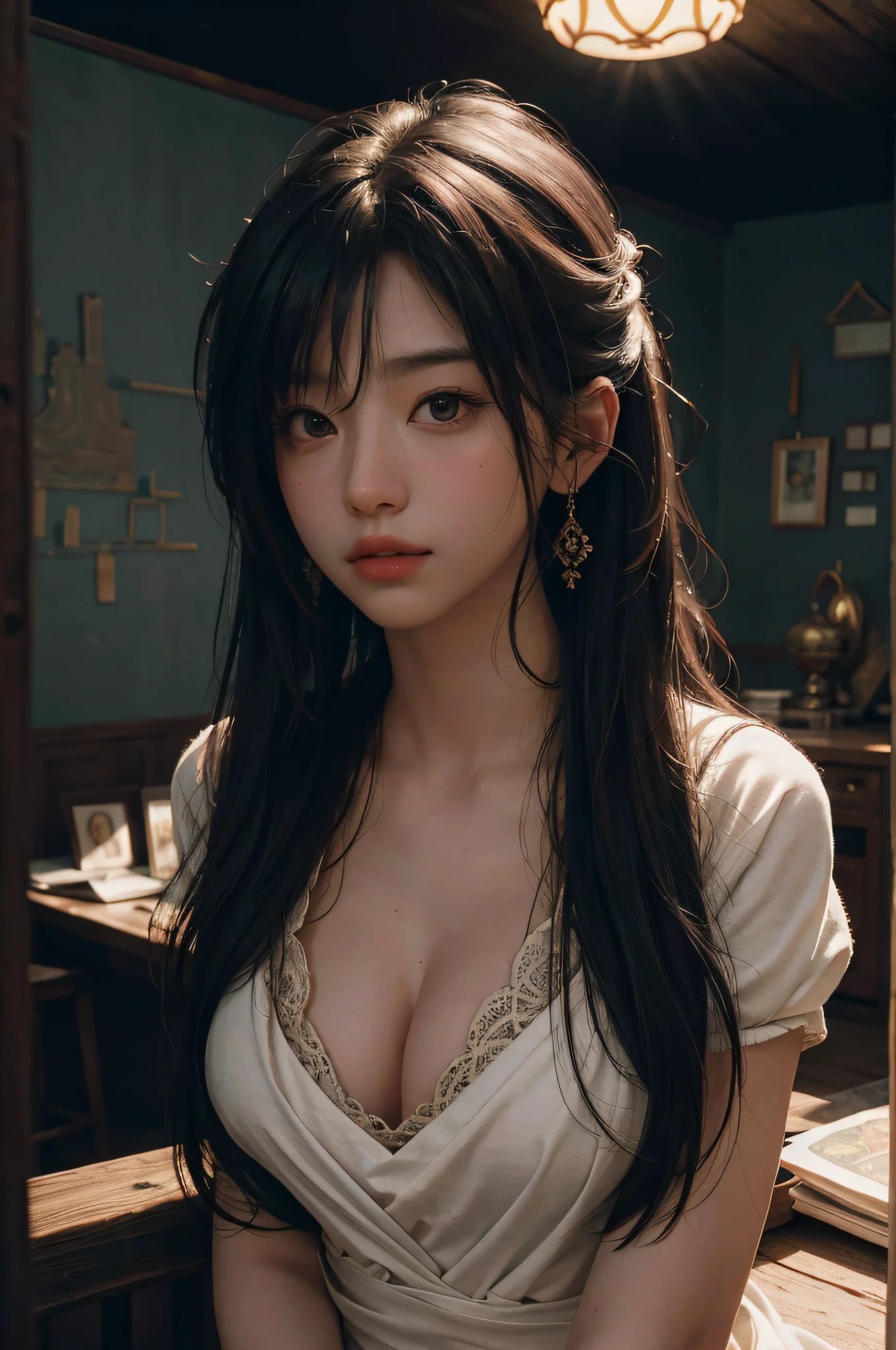 (RAW Photo, Best Quality), (Realistic, Photo Real: 1.6+, messy_long_hair: 1.5, Breast: 1.1), Best Quality, Highly Detailed, Masterpiece, Ultra Detailed, Illustration, 1 Girl, upper_body, Dynamic Angle, World Mastery Theater, Best Quality, Extremely Detailed CG Unified 8k Wallpaper, Ink, Amazing, Cinematic Lighting, lens_flare, dunhuang_style