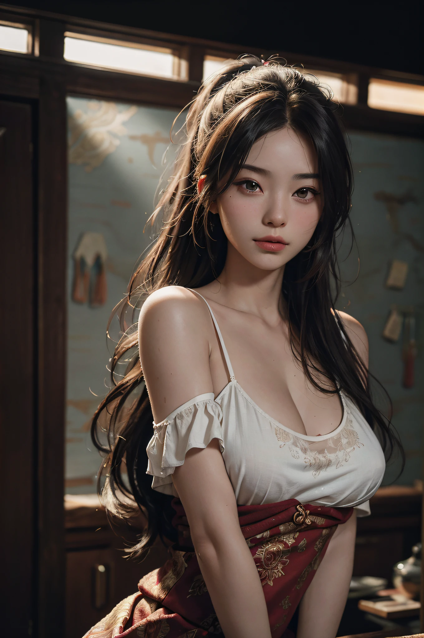 (RAW Photo, Best Quality), (Realistic, Photo Real: 1.6+, messy_long_hair: 1.5, Breast: 1.1), Best Quality, Highly Detailed, Masterpiece, Ultra Detailed, Illustration, 1 Girl, upper_body, Dynamic Angle, World Mastery Theater, Best Quality, Extremely Detailed CG Unified 8k Wallpaper, Ink, Amazing, Cinematic Lighting, lens_flare, dunhuang_style